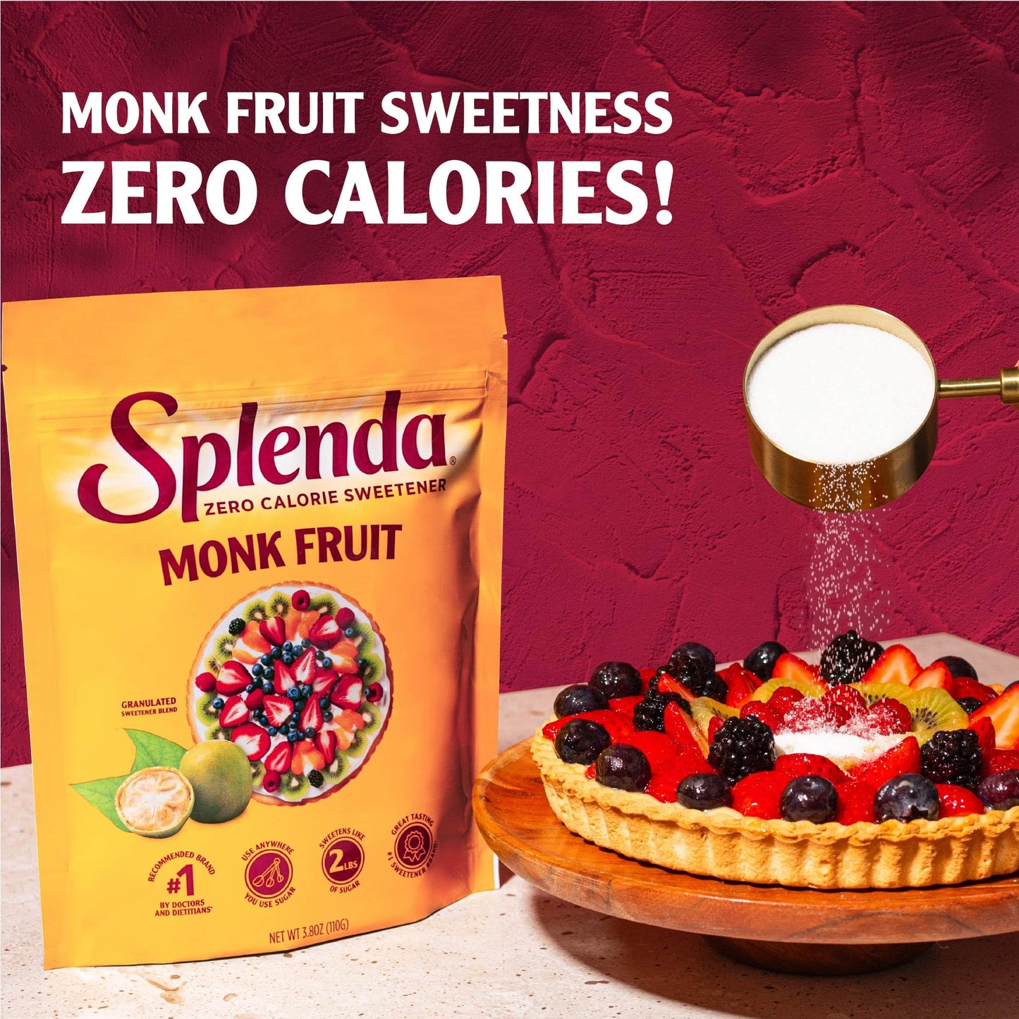 Splenda Monk Fruit Zero Calorie Plant Based Granulated Sweetener, No Erythritol, Sugar Substitute, 3.8 Oz (Pack of 1)