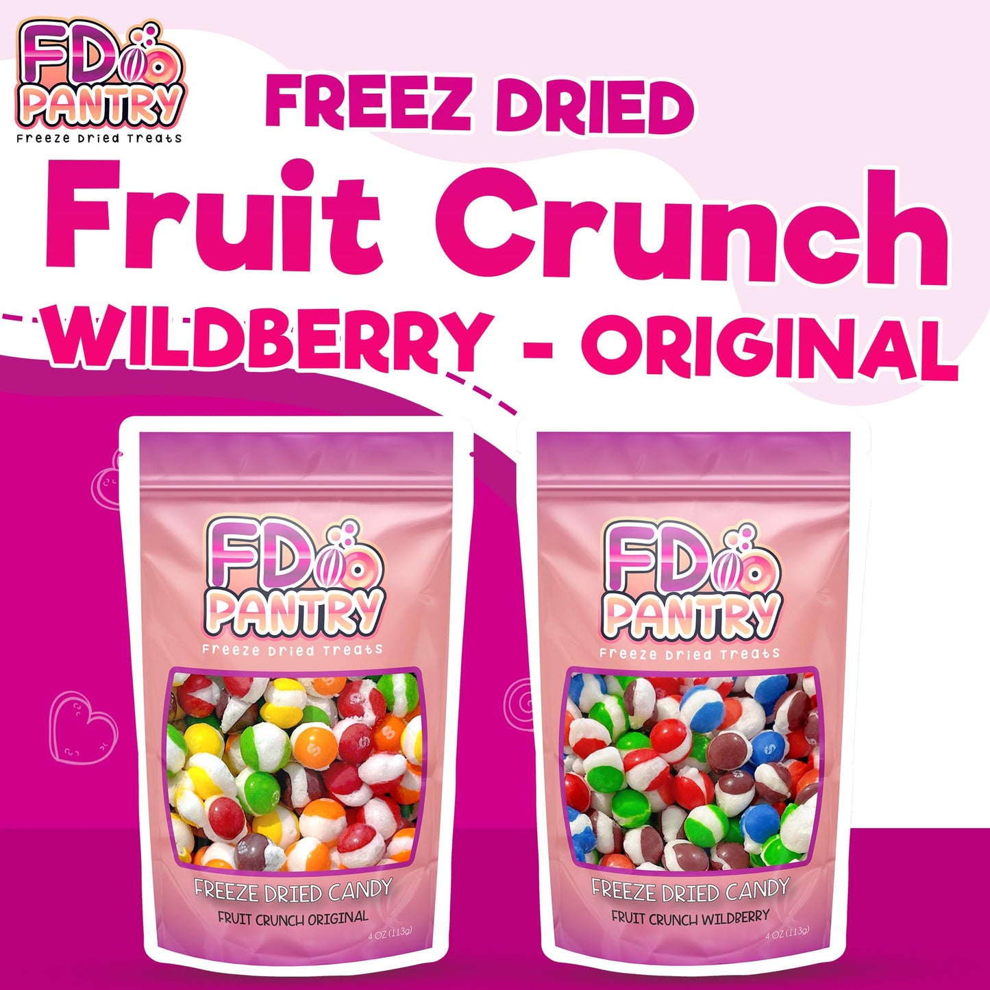 Freeze Dried Candy, Fruit Crunch Original + Wildberry, 4 oz, 2 Pack, Assorted Variety Sampler Flavors, Bag Pouch, Ideal Gift Sna