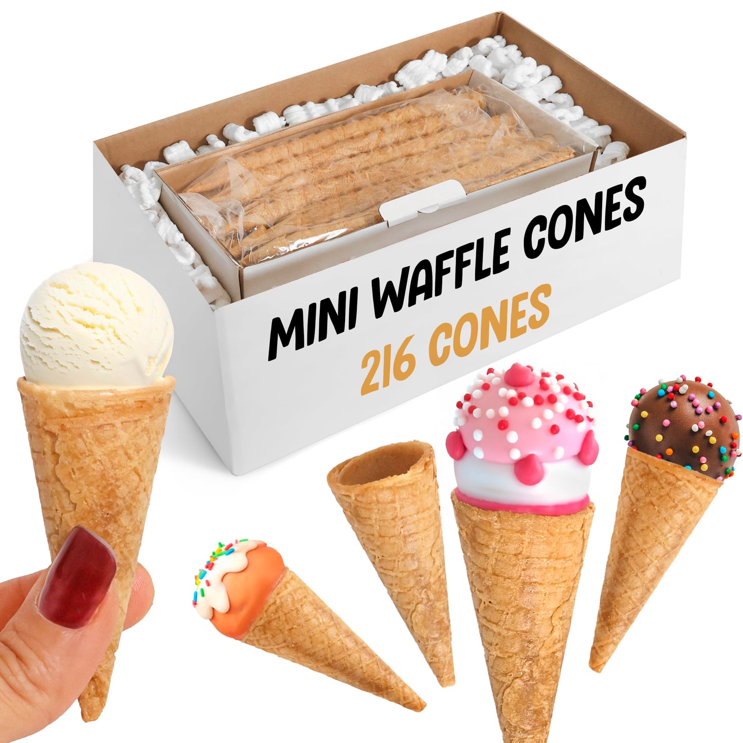 Mini Ice Cream Cones Bulk - 216 Mini Waffle Cones - Great For Cake Pops and More - Tiny Waffle Ice Cream Cones - Mini Sugar Cones Bulk - Mini Icecream Cones - Packed For Safe Delivery