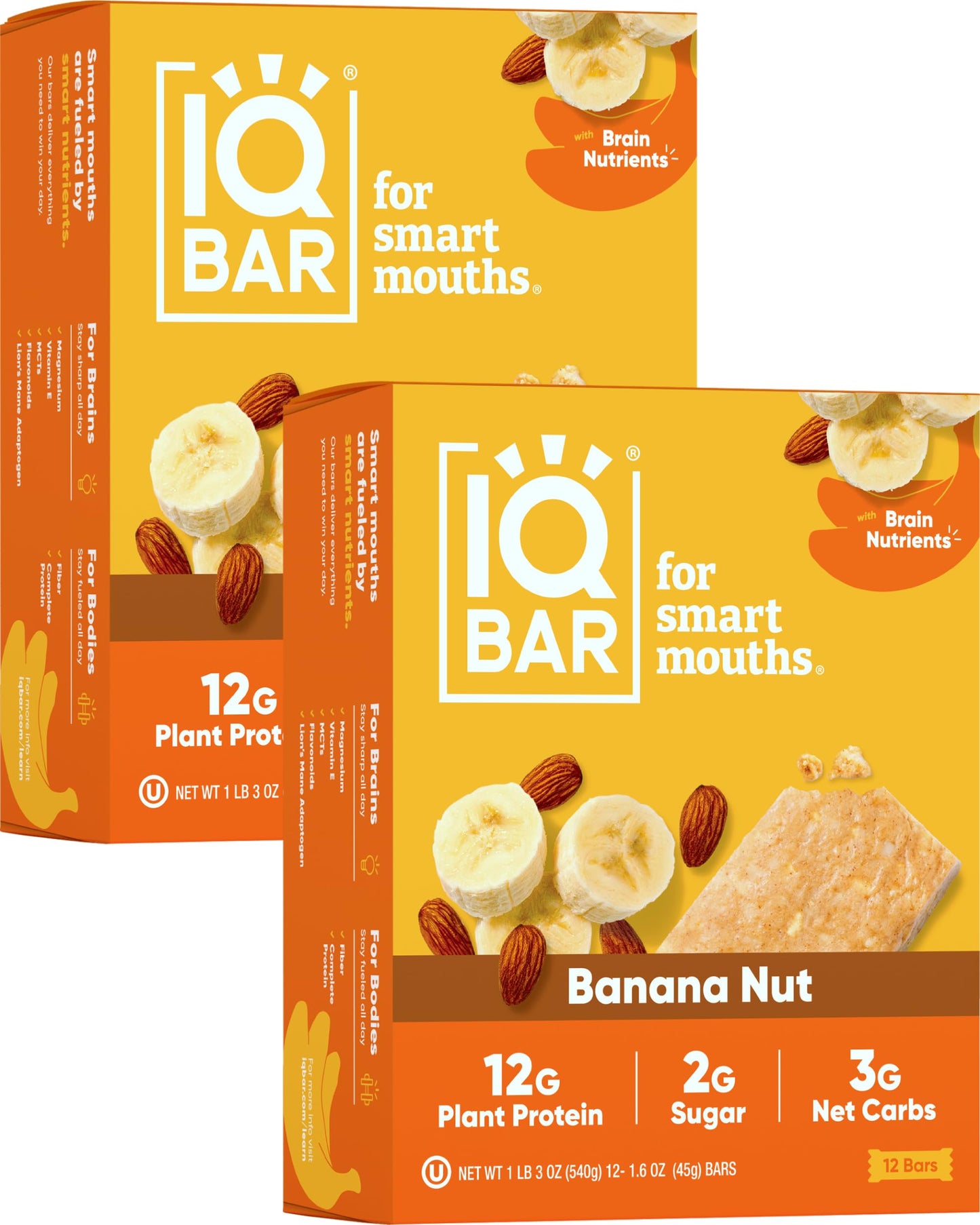 IQBAR Brain and Body Plant Protein Bars - Banana Nut - 24-Count Low Carb - Gluten Free, High Fiber, Vegan Snacks - Low Sugar Mea