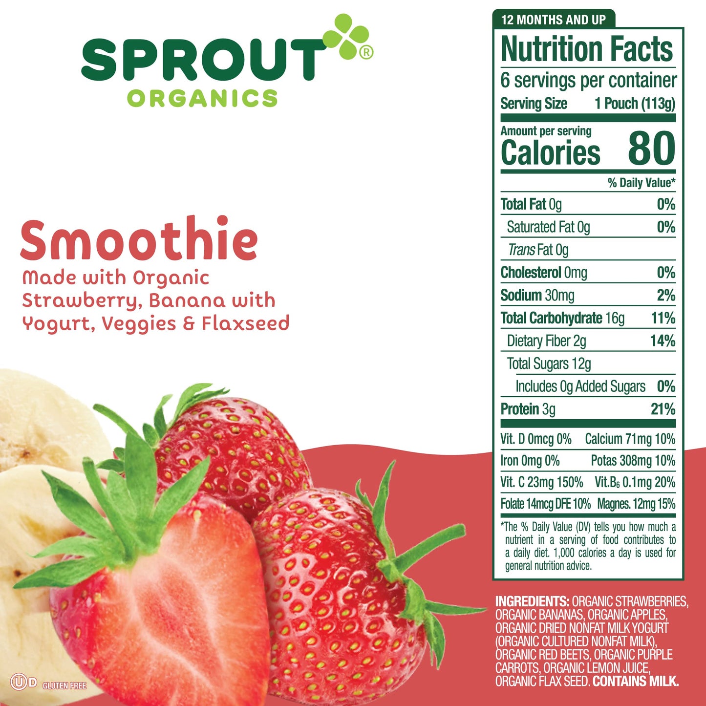 Sprout Organic Baby Food, Stage 4 Toddler Smoothie Pouches, Strawberry Banana & Yogurt, 4 Oz Purees (Pack Of 12)