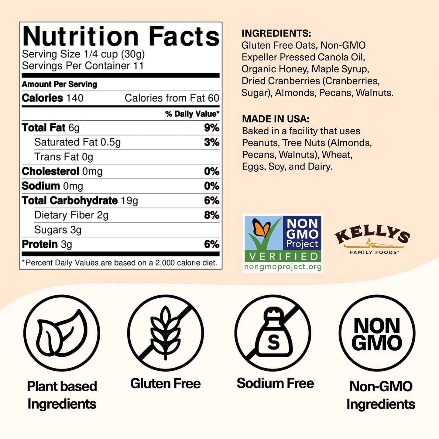 Kellys Four Plus Granola Cereal, Cranberry Nut, Non-GMO, Low Sugar, Gluten Free, 12oz