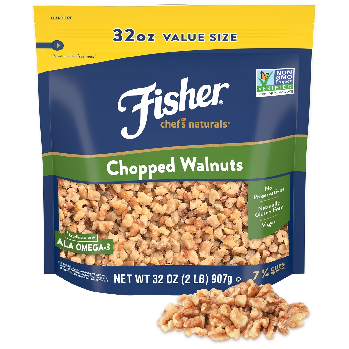 Fisher Chopped Walnuts, Unsalted, 32 Ounce Resealable Bag, Vegan Protein, Keto Snack, Brown