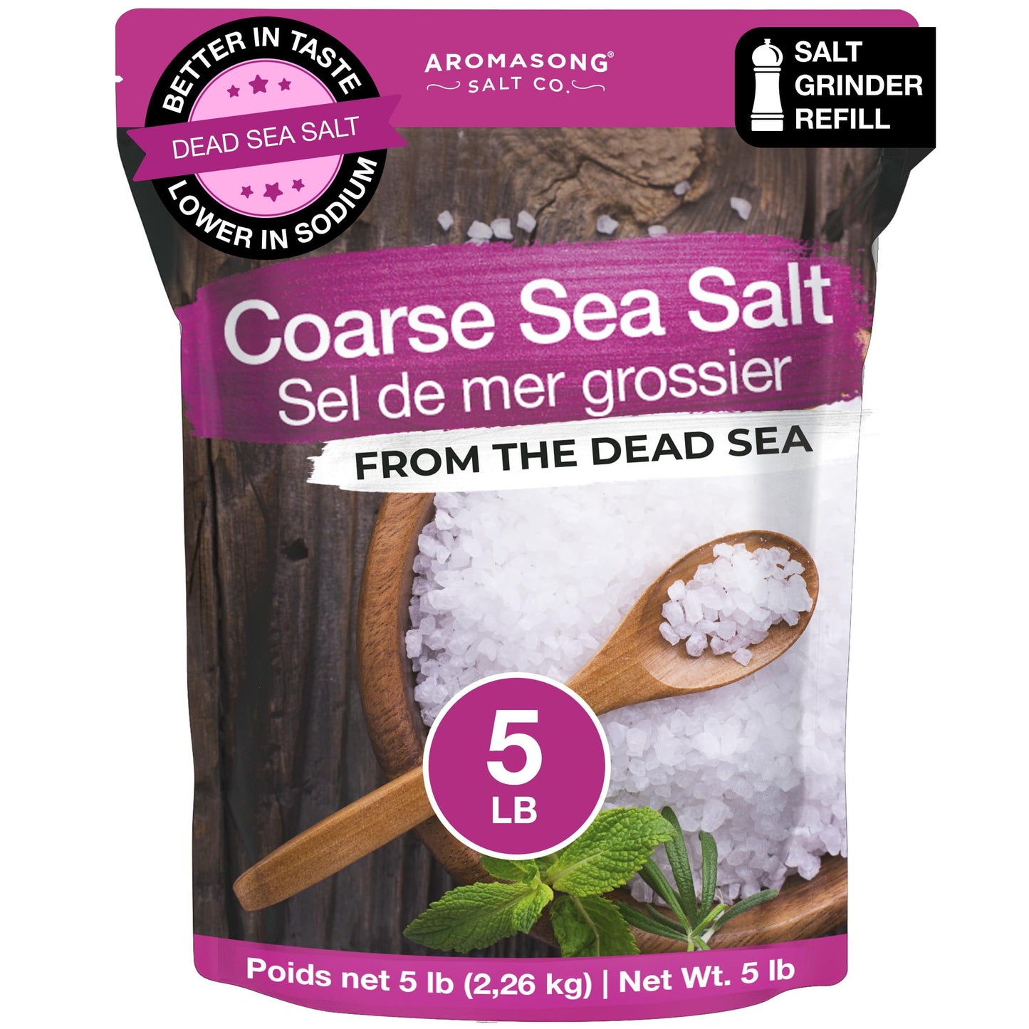 Aromasong Coarse Sea Salt For Grinder Refill - 100% Pure & Natural Dead Sea Salt Coarse Grain Bulk 5 Lb. Packaging May Vary