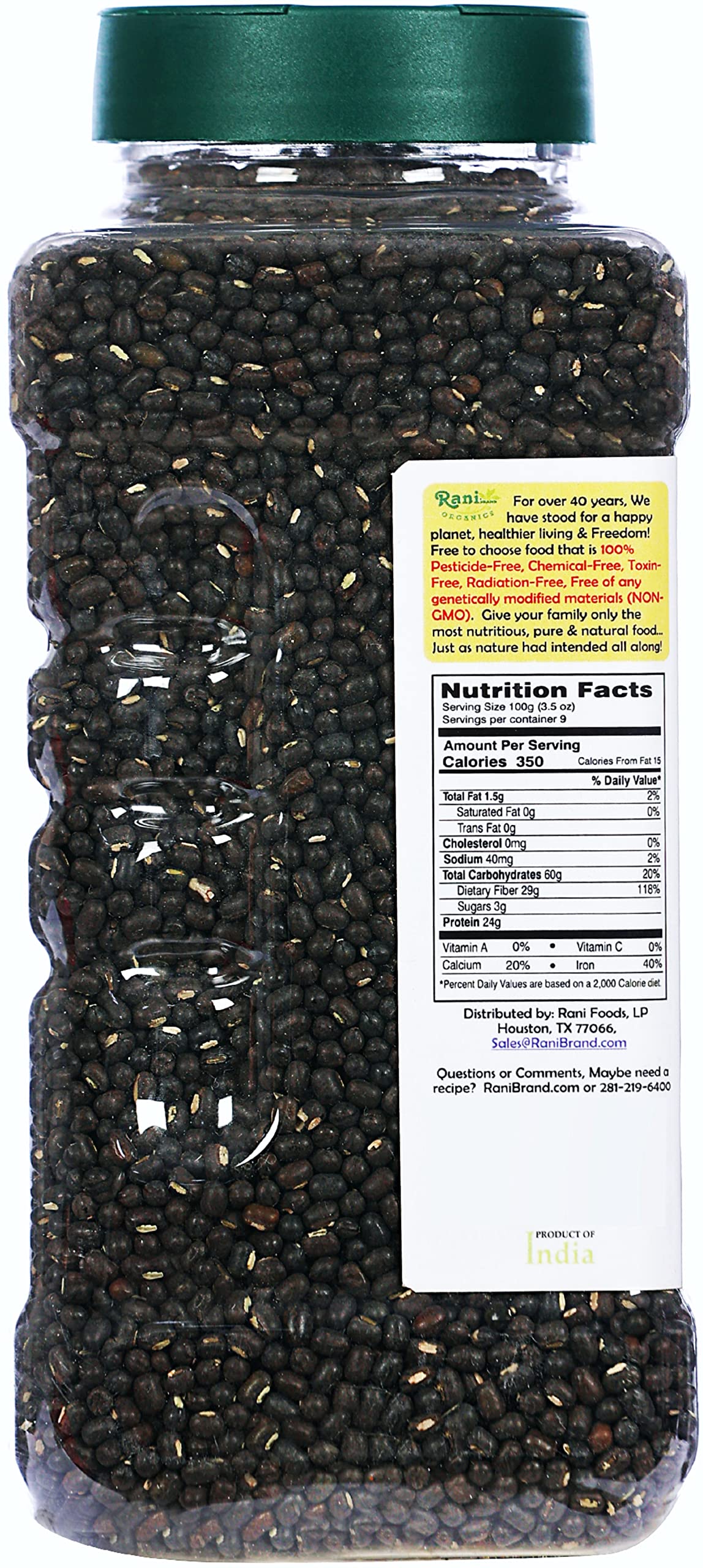Rani Organic Urid/Urad Whole Black (Matpe Beans With Skin) Indian Lentils 32Oz (2Lbs) 908G Pet Jar ~ All Natural | Vegan | Glute