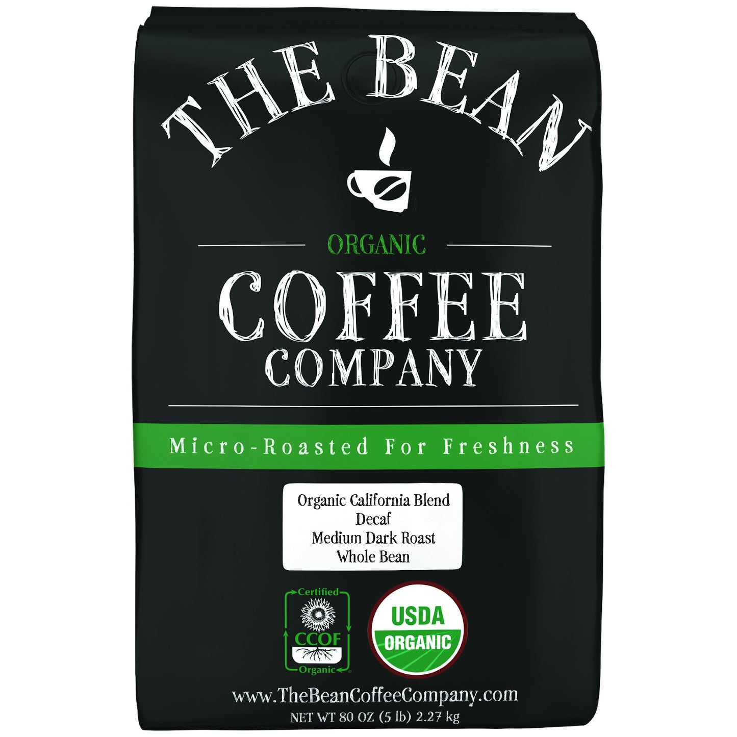 The Bean Organic Coffee Company Water Processed DECAF California Blend, Medium Roast, Whole Bean Coffee, 5-Pound Bag
