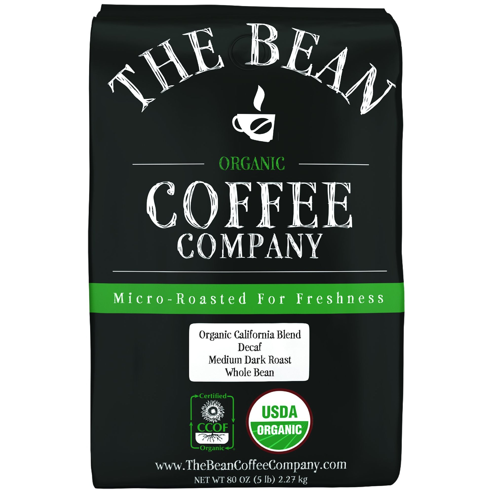The Bean Organic Coffee Company Water Processed DECAF California Blend, Medium Roast, Whole Bean Coffee, 5-Pound Bag