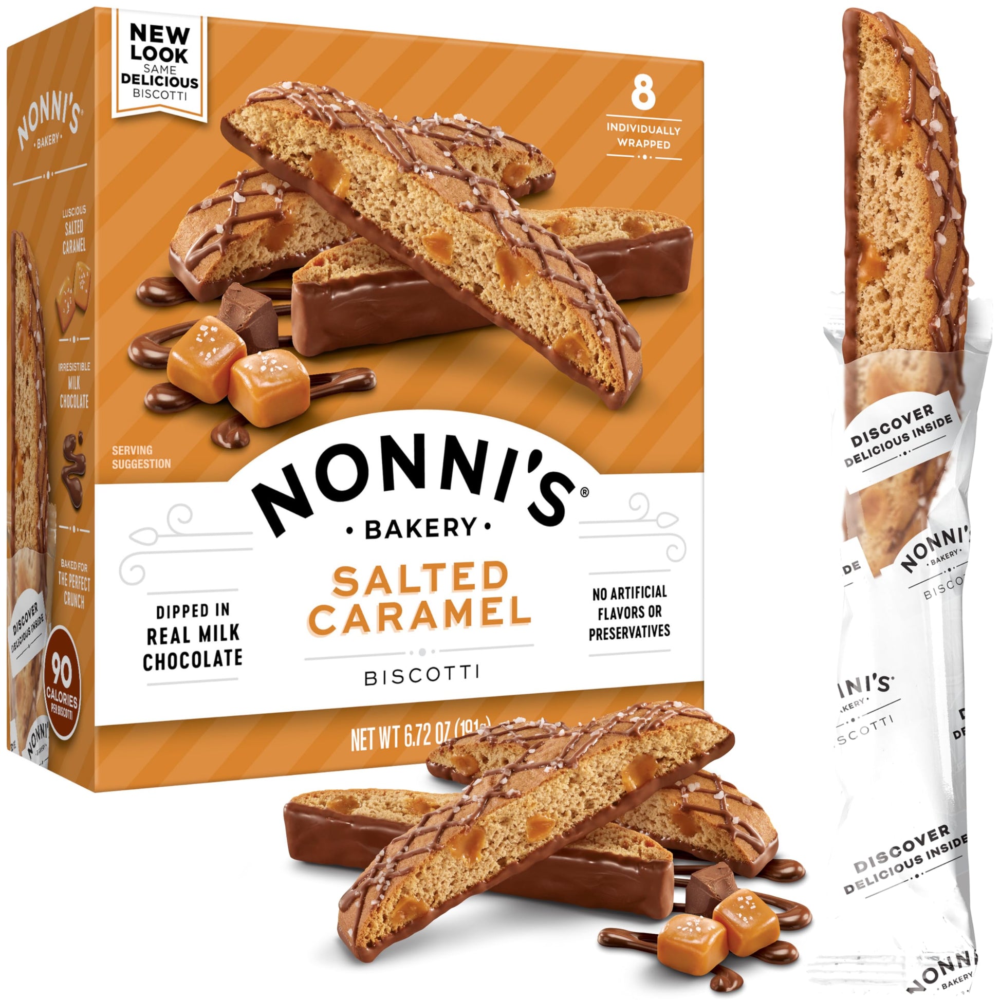 Nonnis Salted Caramel Biscotti Cookies - Individually Wrapped - 6.72 oz - Kosher - Rich Milk Chocolate & Sea Salt