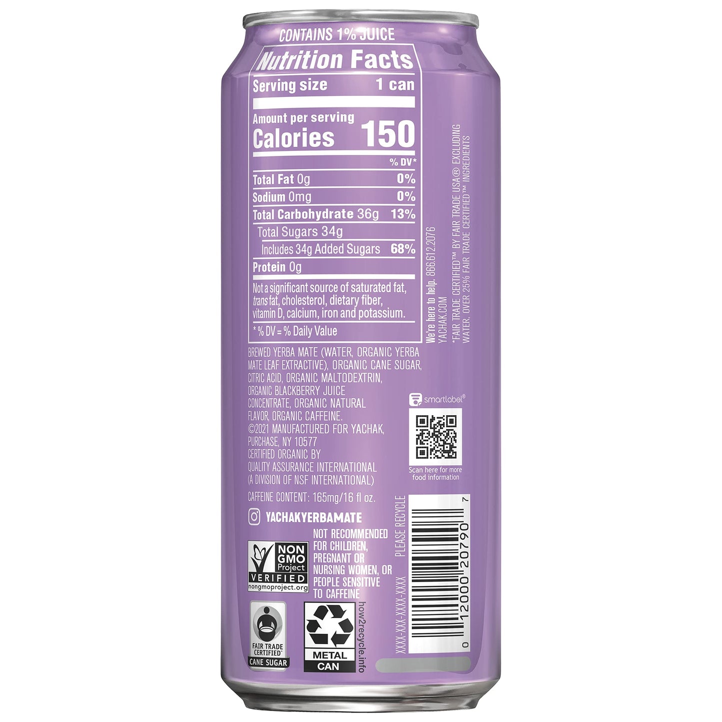 Yachak Yerba Mate Drink, Blackberry Flavor, 16 Fl Oz Cans, Pack of 12