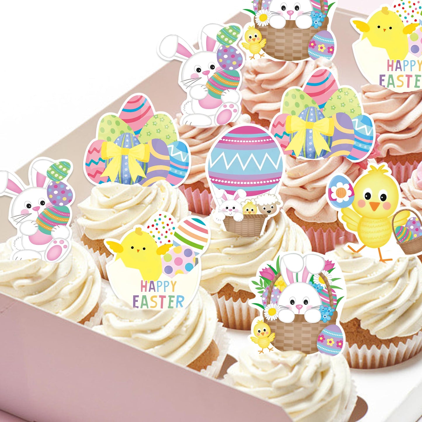 Foowztao 42Pcs Happy Easter Cupcake Toppers Wafer Paper Cake Picks Easter Theme Birthday Party Spring Theme Baby Shower Party Su