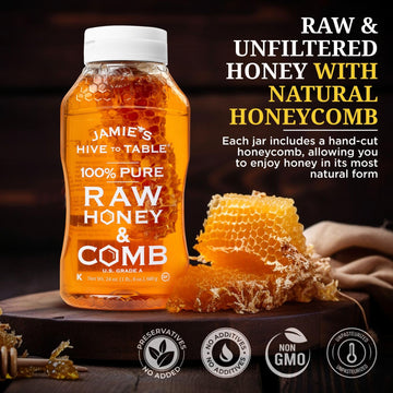 Jamies Hive To Table 100% Pure Honey With Honeycomb, 24 Oz - Usa Made Raw & Unfiltered Honey - Fresh Edible Honeycomb - All-Natu