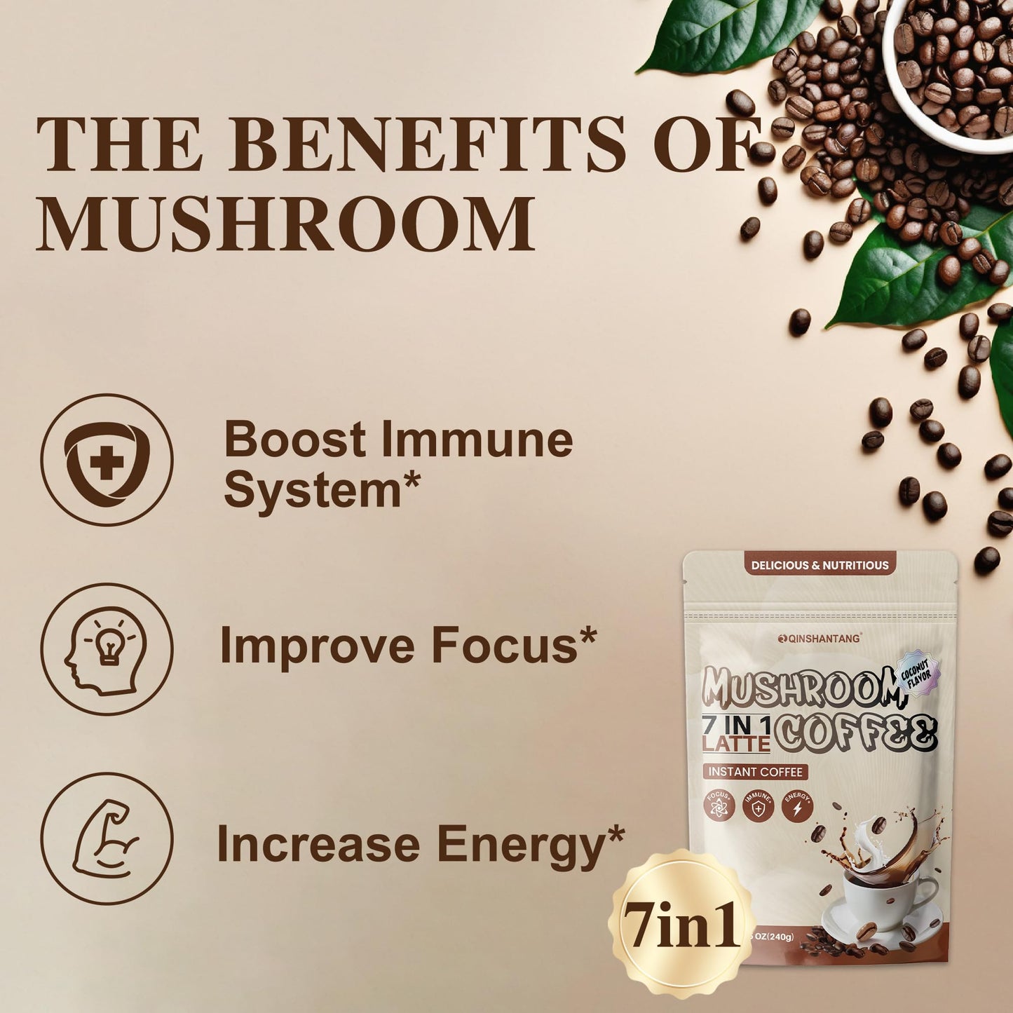 Mushroom Coffee with Coconut Creamer, 7 Mushroom and Ceylon Cinnamon Powder, Latte Mix | Lions Mane & Reishi for Immunity & Ene