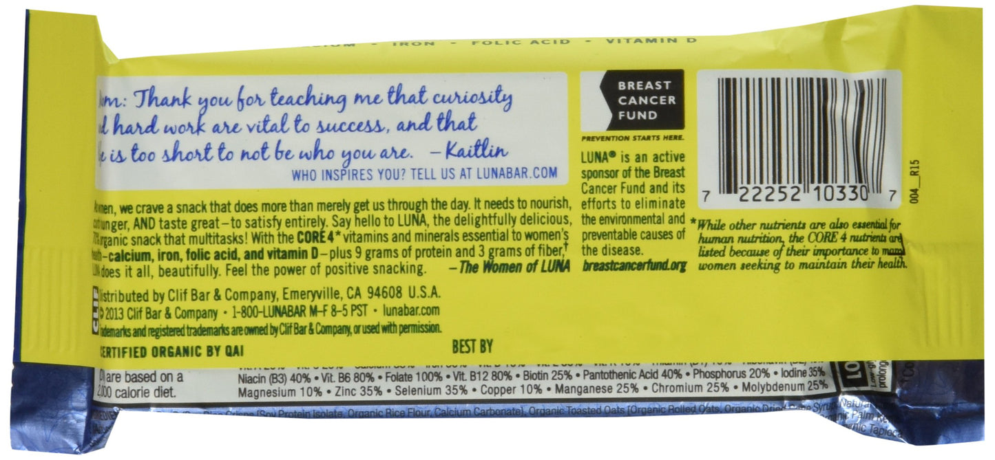 Luna Lemon Zest Whole Nutrition Bars For Women, 6 - 1.69 Oz Bars In Box, A Great Snack