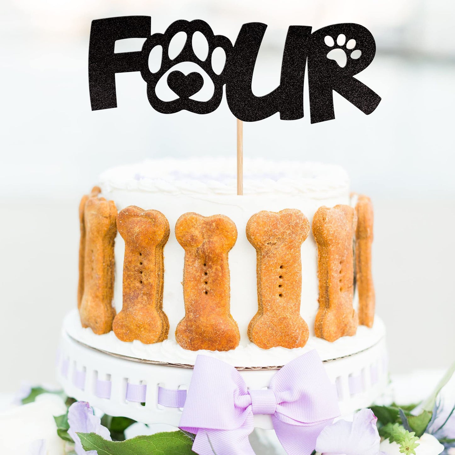 1 Pcs Four Cake Topper Black Glitter 4 Years Old Birthday Dog Paw Cake Pick For Puppy Dog Let'S Pawty Theme Kids Boys Girls 4Th