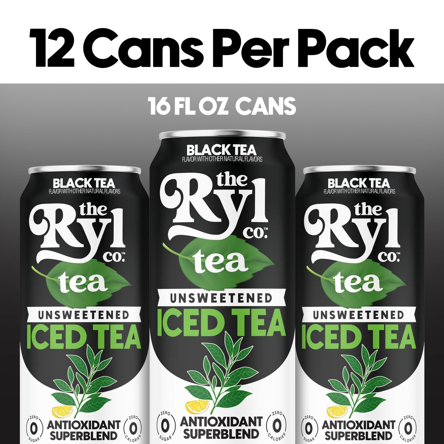 Ryl Unsweetened Black Iced Tea, 12-Pack (16oz), Zero Sugar, Low Carb, Non-GMO, Antioxidant Superblend, Gluten Free, Kosher