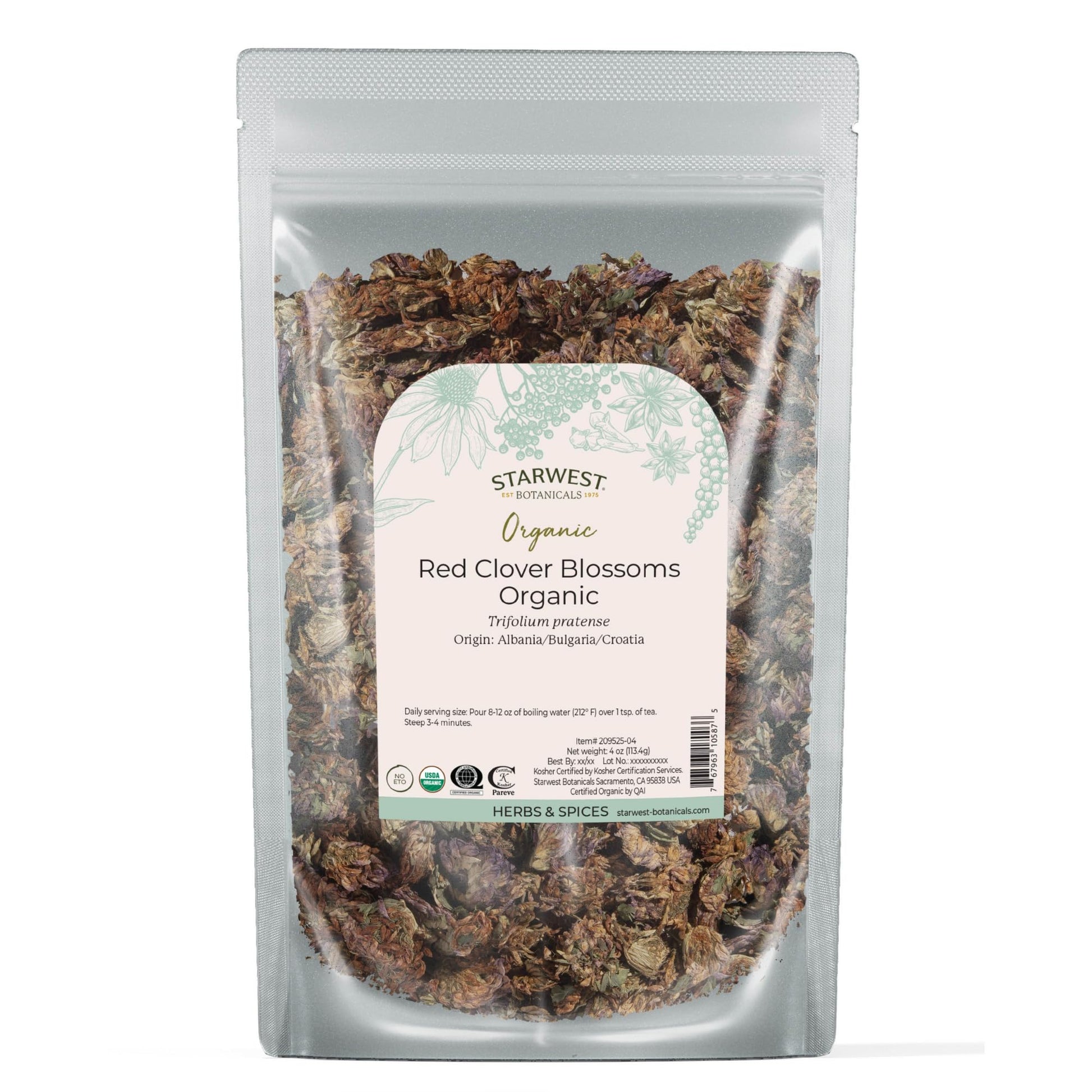 Starwest Botanicals Red Clover Blossoms Whole Organic Dried Herb for Tea, 4 oz Pouch, Non-GMO, Certified Kosher