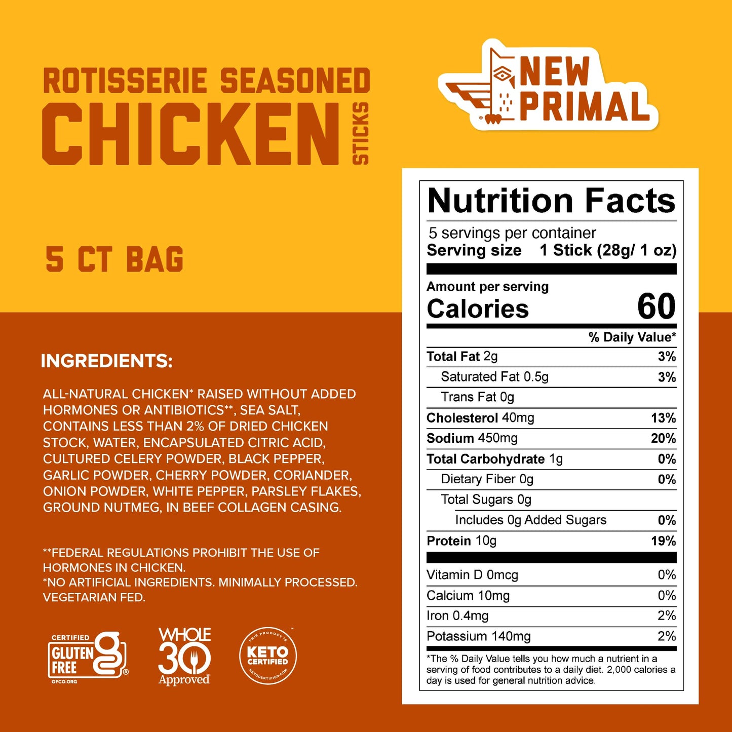 New Primal Rotisserie Chicken Sticks  Zero Sugar High Protein Snack  Gluten Free Whole30 Healthy Snacks  Keto and Paleo Friendly  Jerky Meat Stick  10g Protein  5 Count