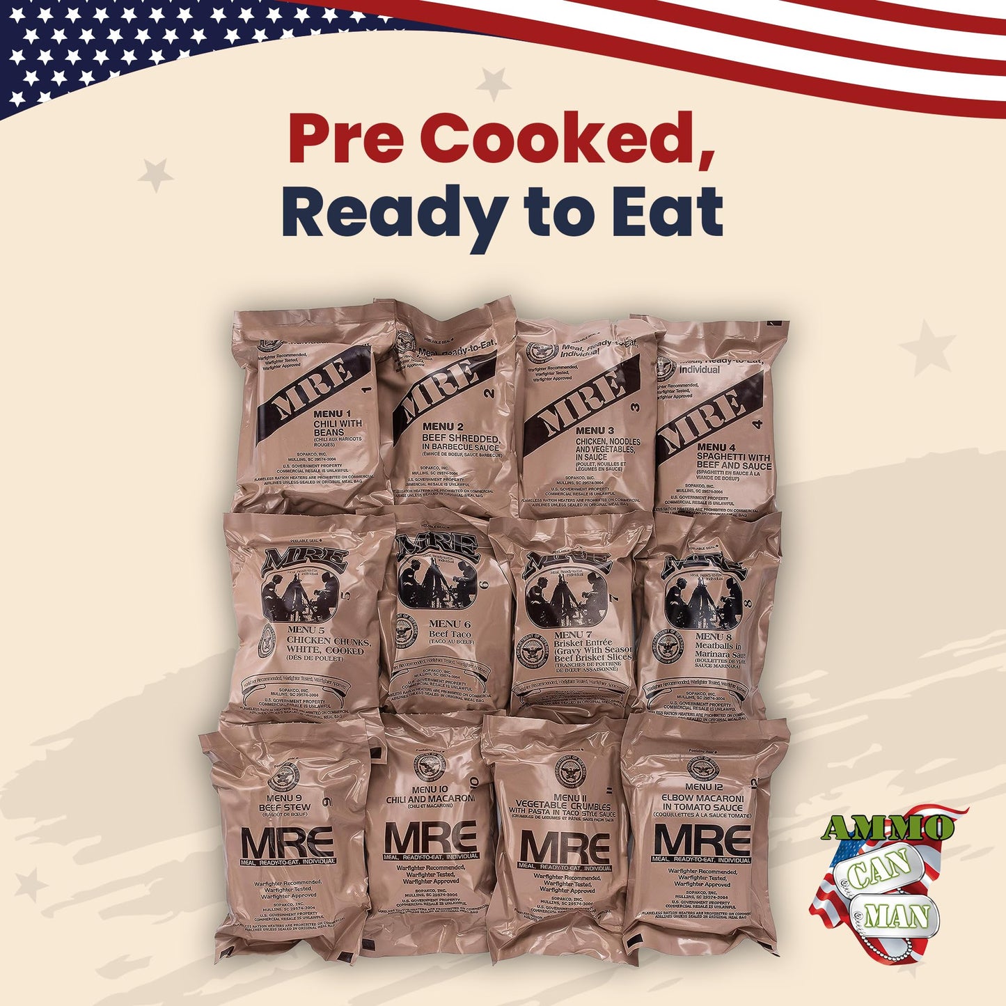Sopakco 12Ct Us Military Surplus Mre Meals Ready To Eat 2026 Inspect A Case Menus 1-12