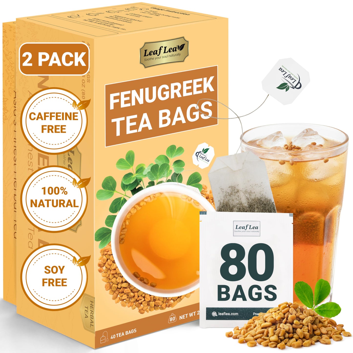 Leaflea 80 Top-Grade Fenugreek Tea Bags  Natural Fenugreek Seed For Toasty Flavor & Sweet Aroma  Fenogreco Tea With Gentle Warmth  Energy Blend-Free  Sugar-Free  Vegan  Individually Wrapped For Freshness