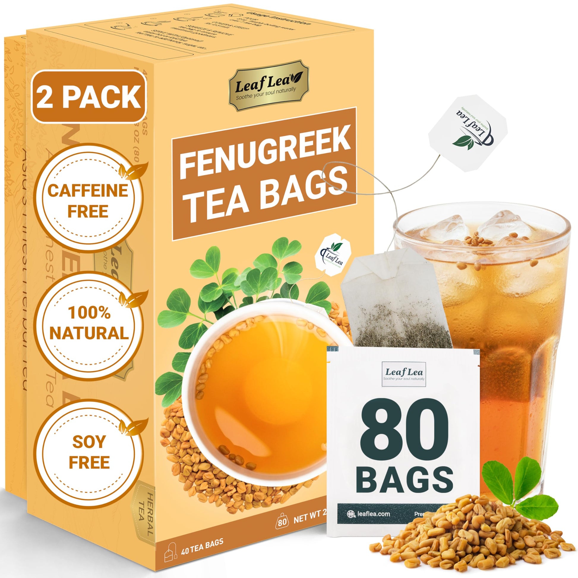 Leaflea 80 Top-Grade Fenugreek Tea Bags  Natural Fenugreek Seed For Toasty Flavor & Sweet Aroma  Fenogreco Tea With Gentle Warmth  Energy Blend-Free  Sugar-Free  Vegan  Individually Wrapped For Freshness