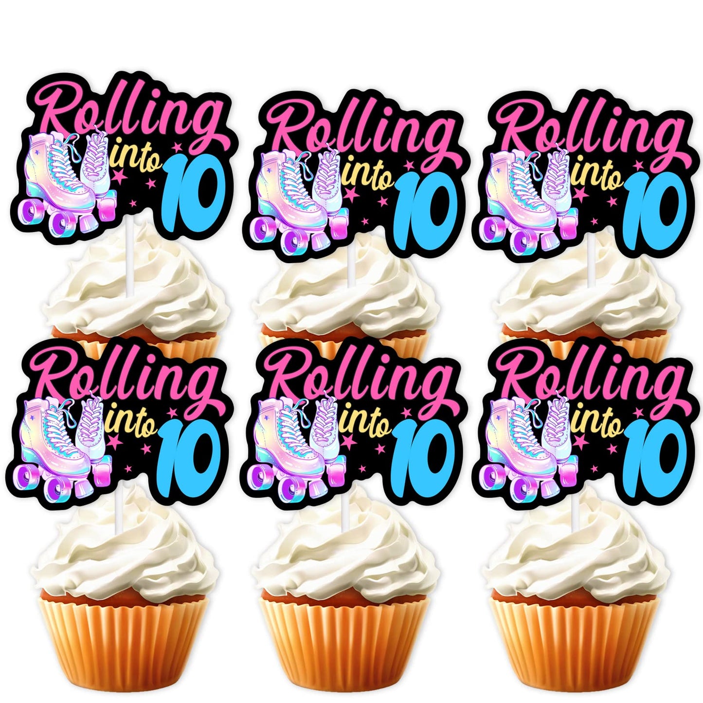 18Pcs Black Glitter Pink Roller Skates Dessert Cupcake Topper 80S 90S Retro Hip Hop Roller Skating Rolling Into 10 Theme Decor S