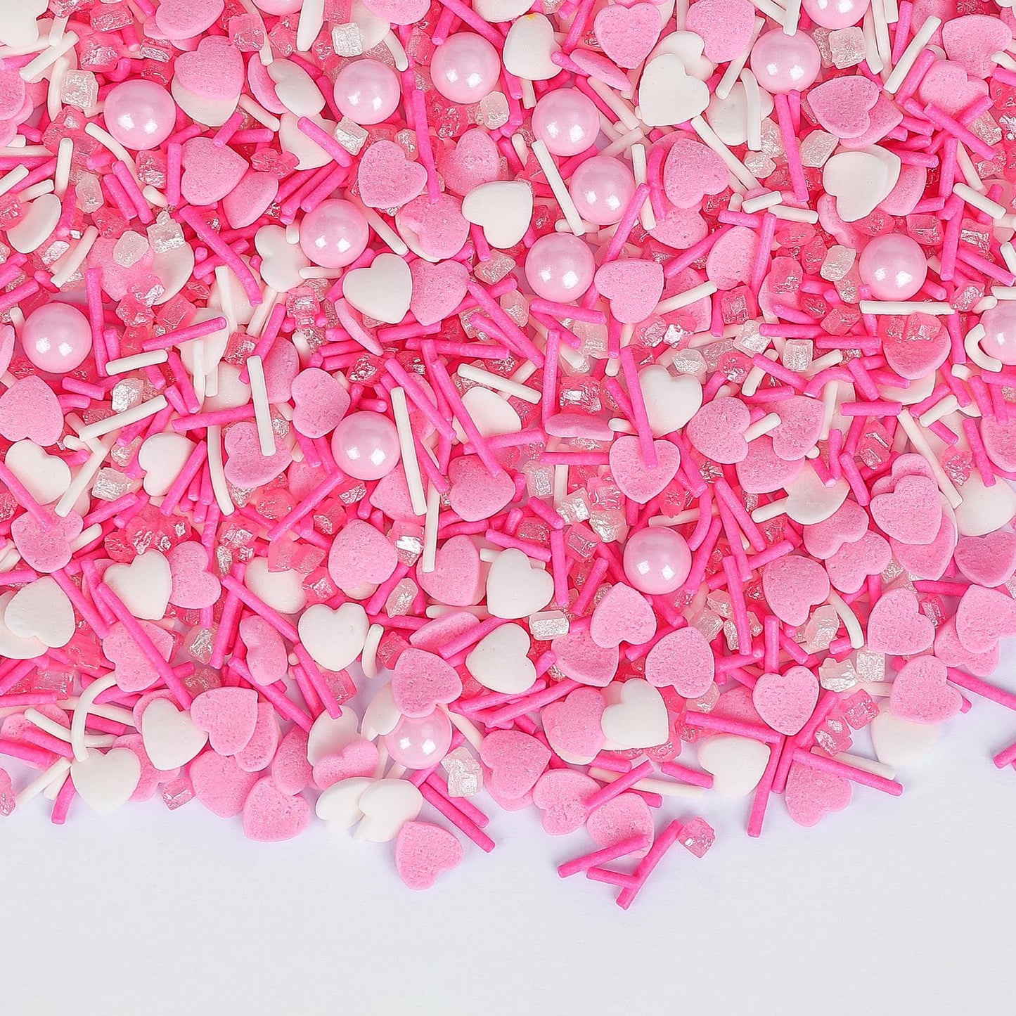 Pink White Valentines Day Sprinkles -130g,Edible Heart Shaped Sprinkle,Pearl,Jimmies and Sugar Crystals Mix for Baking,Light Pi