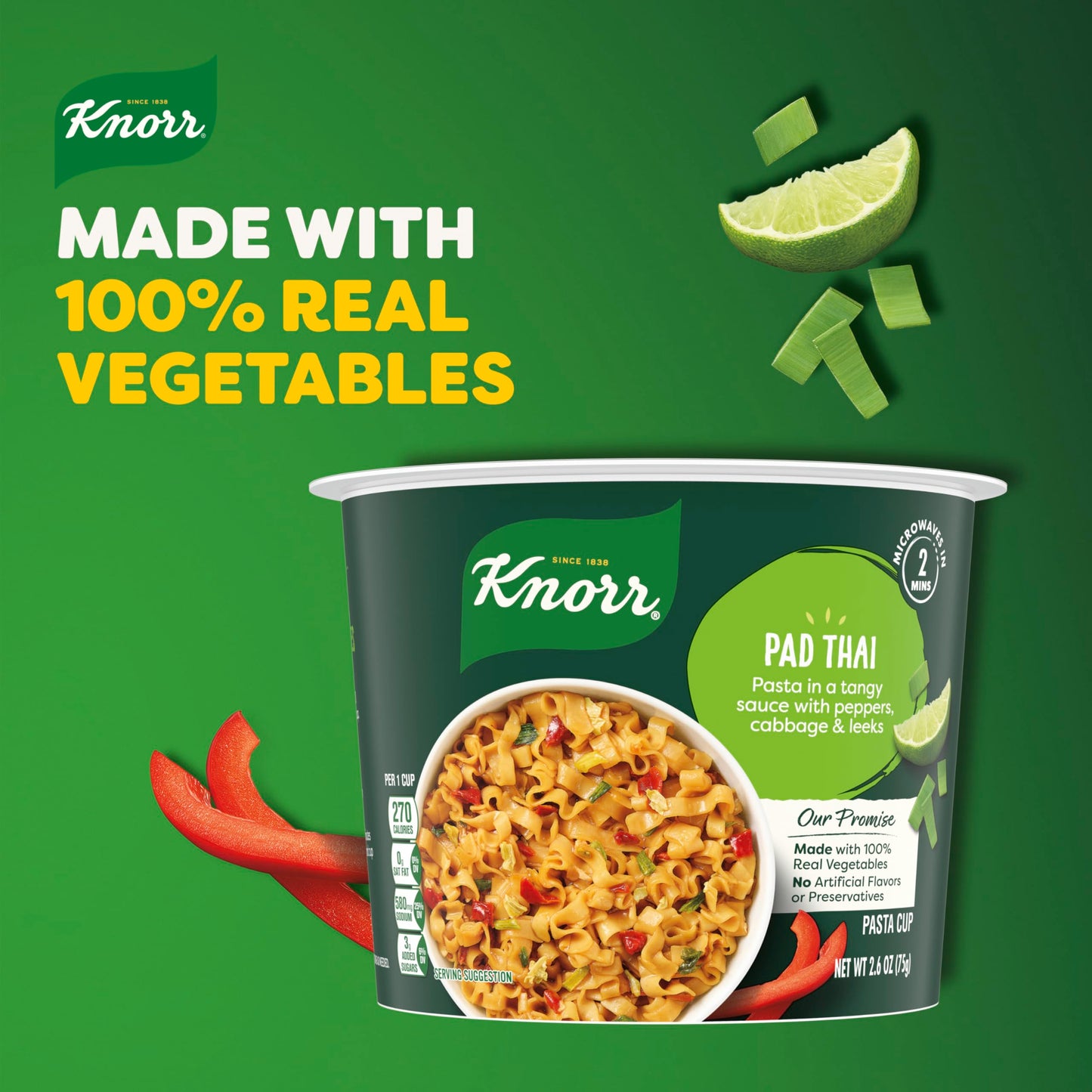Knorr Pasta Cup Pad Thai 8 Ct For A Quick And Easy Meal Made With 100% Real Vegetables & No Artificial Flavors Or Preservatives, 2.6 Oz