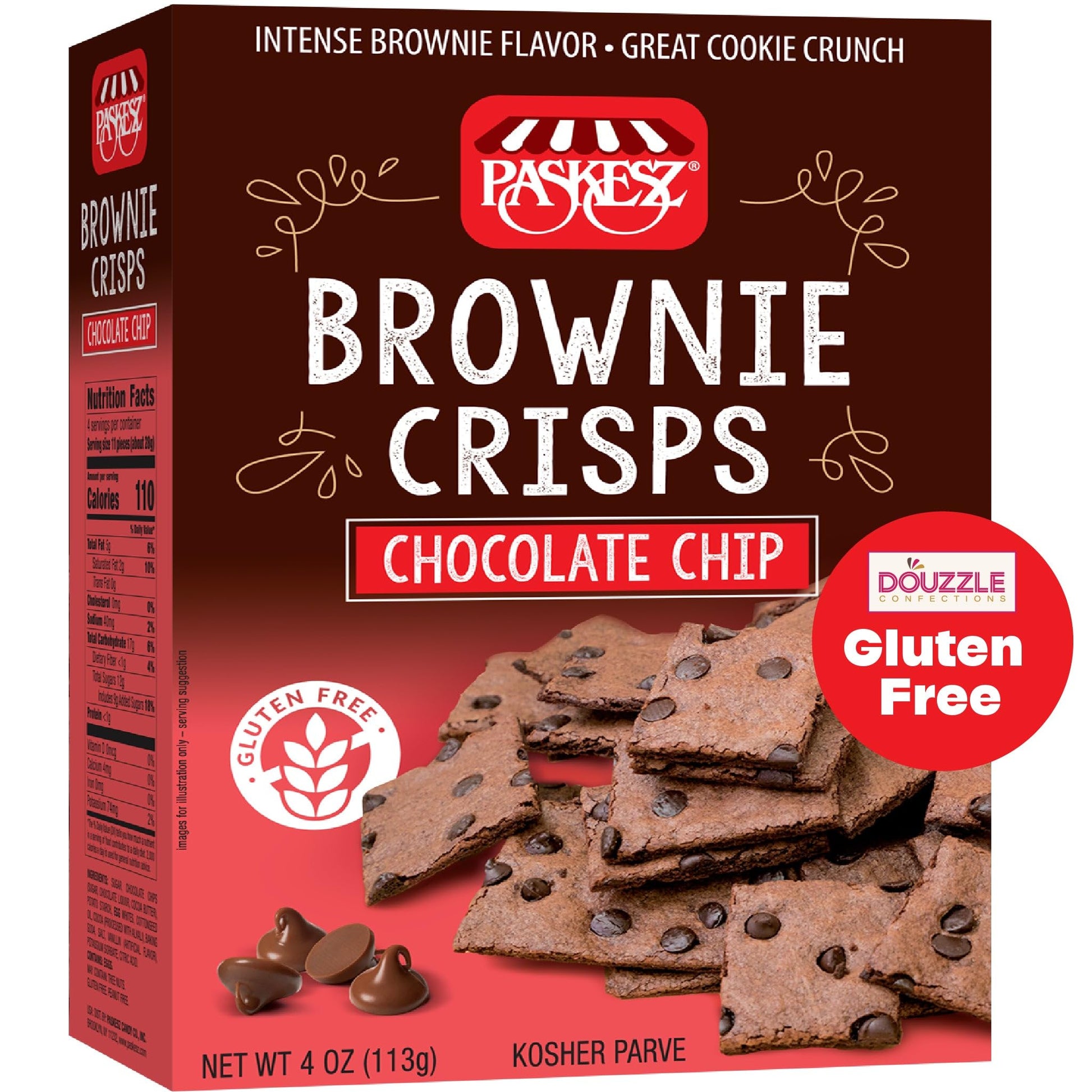 DOUzzle Gluten Free Cookies, Brownie Crisps Chocolate Chip (4 OZ - Pack of 1) Non Gebrokts Kosher for Passover Food Snacks -