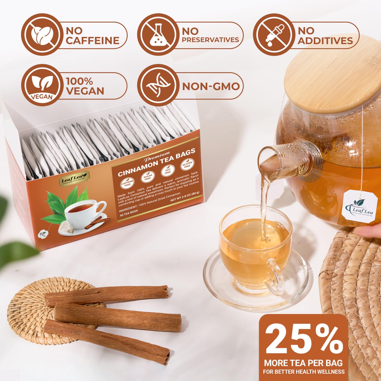 LeafLea Cinnamon Tea Bags - 100% Natural Herbal Tea, Caffeine-Free, Sugar-Free, 80 Count (2-Pack)