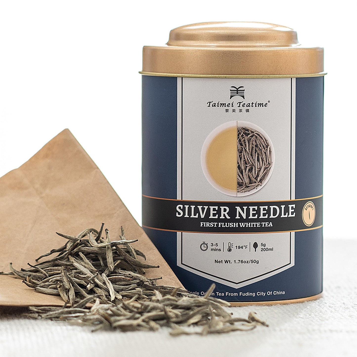 Taimei Teatime Silver Needle White Tea, Loose Leaf, 1.76 oz, Organically Grown, Low Caffeine, High Antioxidant, Yellow Tin