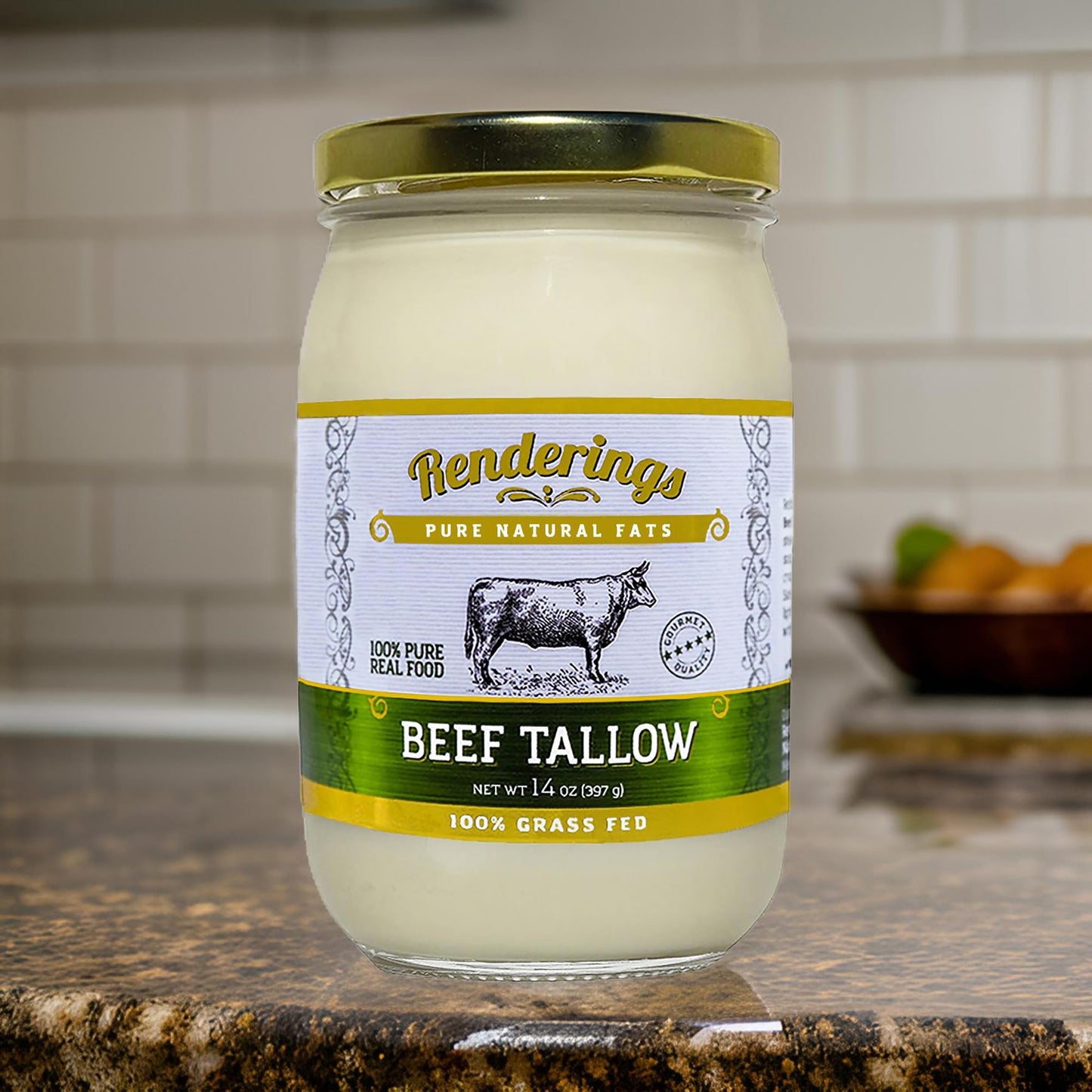 Renderings Beef Tallow, 100% Grass-Fed & Finished, Cooking, Baking and Frying, 14 oz jar