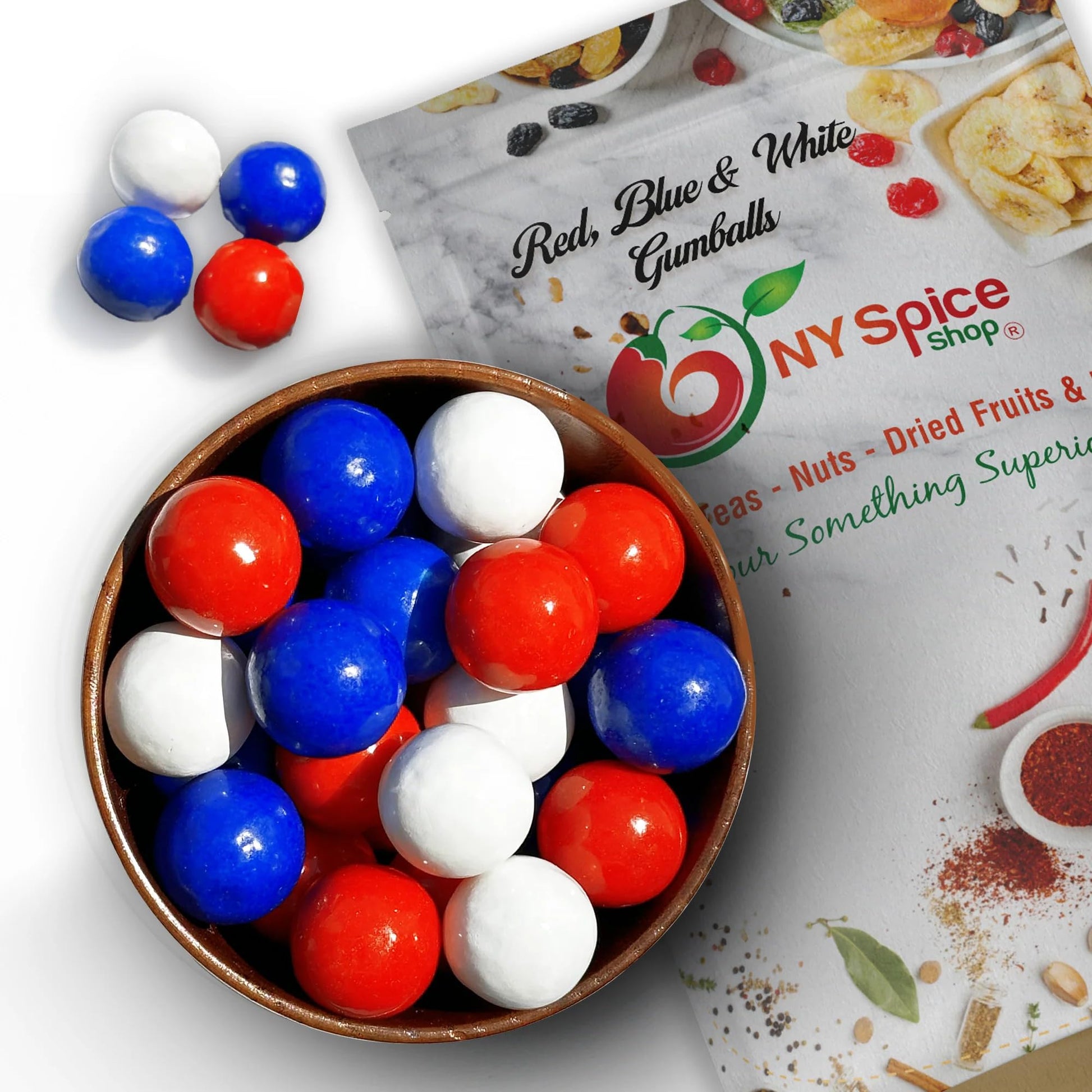 NY Spice Shop Red, Blue & White Gumballs for Memorial Day Party - 1 Pound Chewing Gumballs for Gumball Machine - Memorial Day Ca