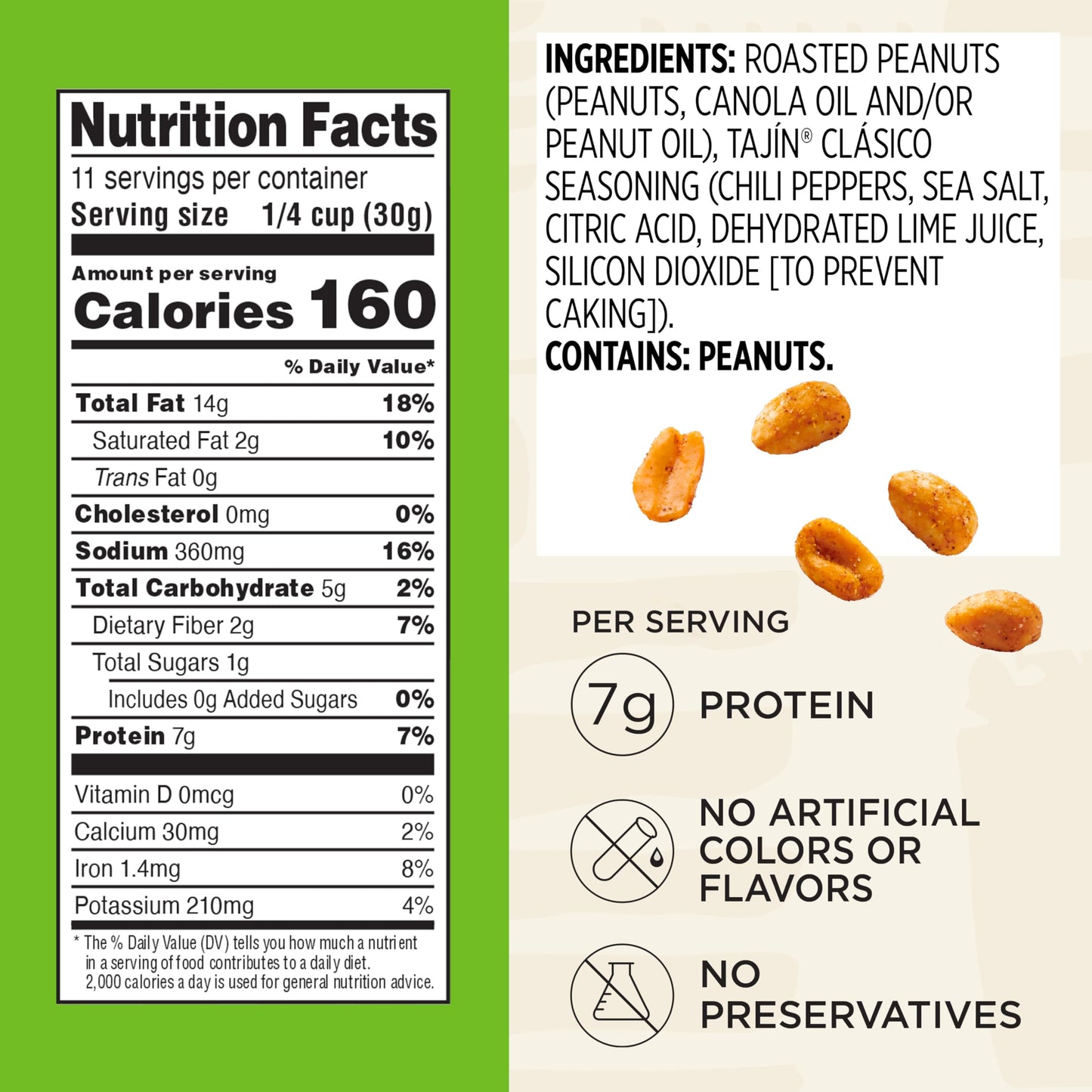 Snak Club Tajin Peanuts, Roasted Nuts with Chili and Lime Seasoning, Mild, Gluten-Free, Kosher Snacks, No Artificial Colors or F