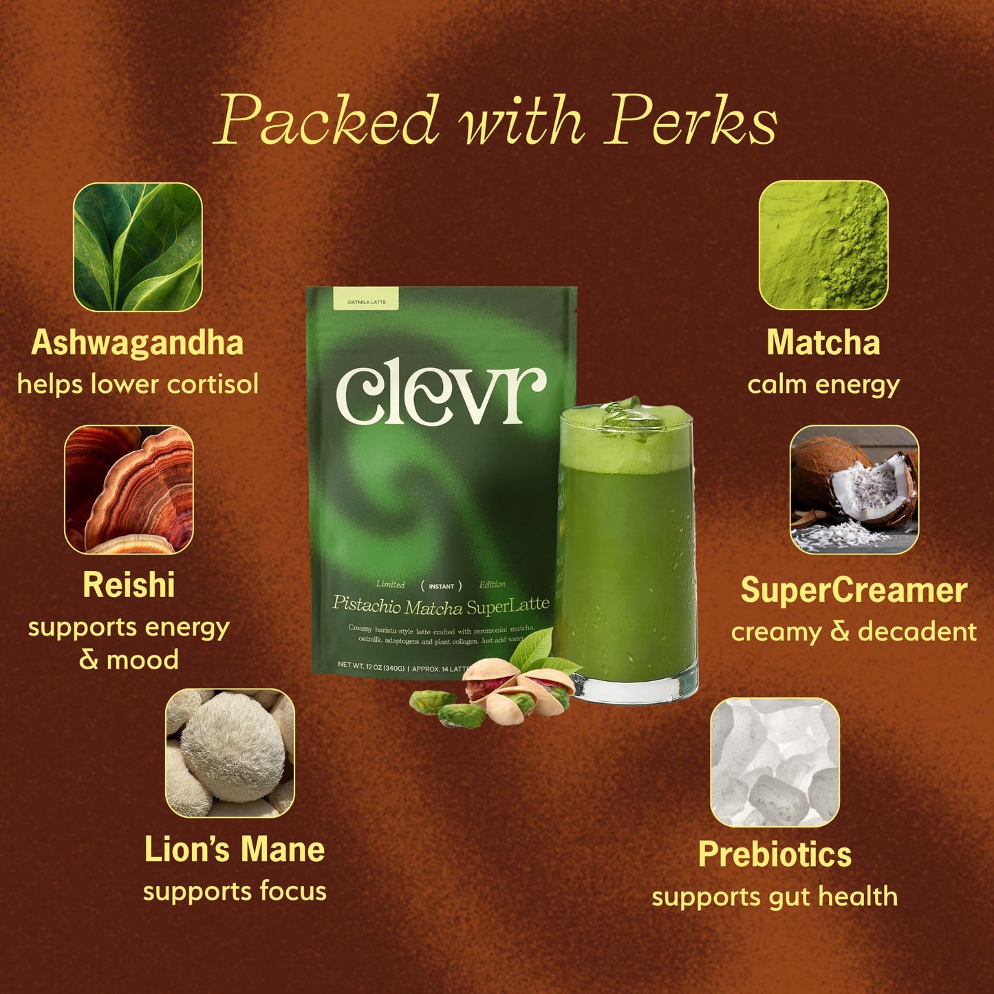 Clevr Blends Pistachio Matcha SuperLatte  Organic Ceremonial Grade  Instant Superfood Powder Blend with Lions Mane  Reishi Mushroom  Coconut Cream  Oat Milk  Ashwagandha  Serve Hot or Iced (14 Lattes)