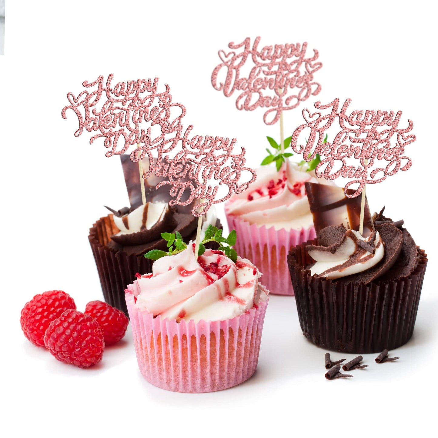 Gyufise 24Pcs Happy Valentines Day Cupcake Toppers Rose Gold Glitter Valentines Day Cupcake Food Decor For Wedding Anniversary V