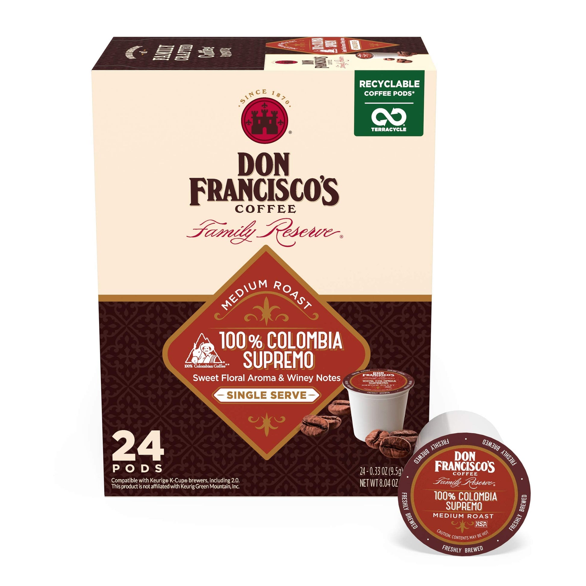 Don Franciscos Colombia Supremo Medium Roast Coffee Pods - 24 Count - Compatible with K-Cup Keurig - Original Flavor