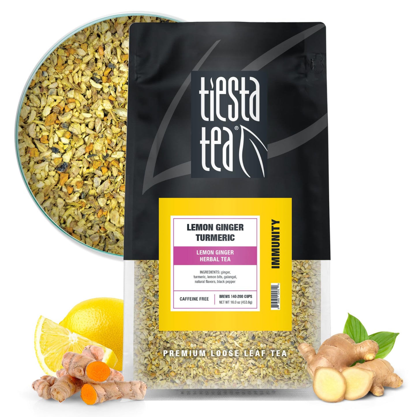 Tiesta Tea - Lemon Ginger Turmeric | Loose Leaf | Lemon Ginger Herbal Tea | Premium Non-Caffeinated Herbal Blend | Make Hot Or Iced & Brews Up To 200 Cups | 16 Ounce Resealable Bulk Pouch
