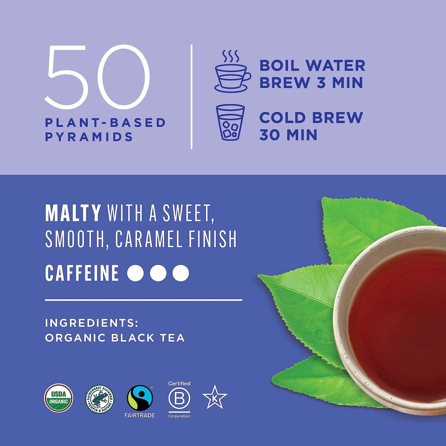 Teatulia Organic Black Tea Bags - 50 Pyramid Sachets - 100% Compostable - Strong English Breakfast