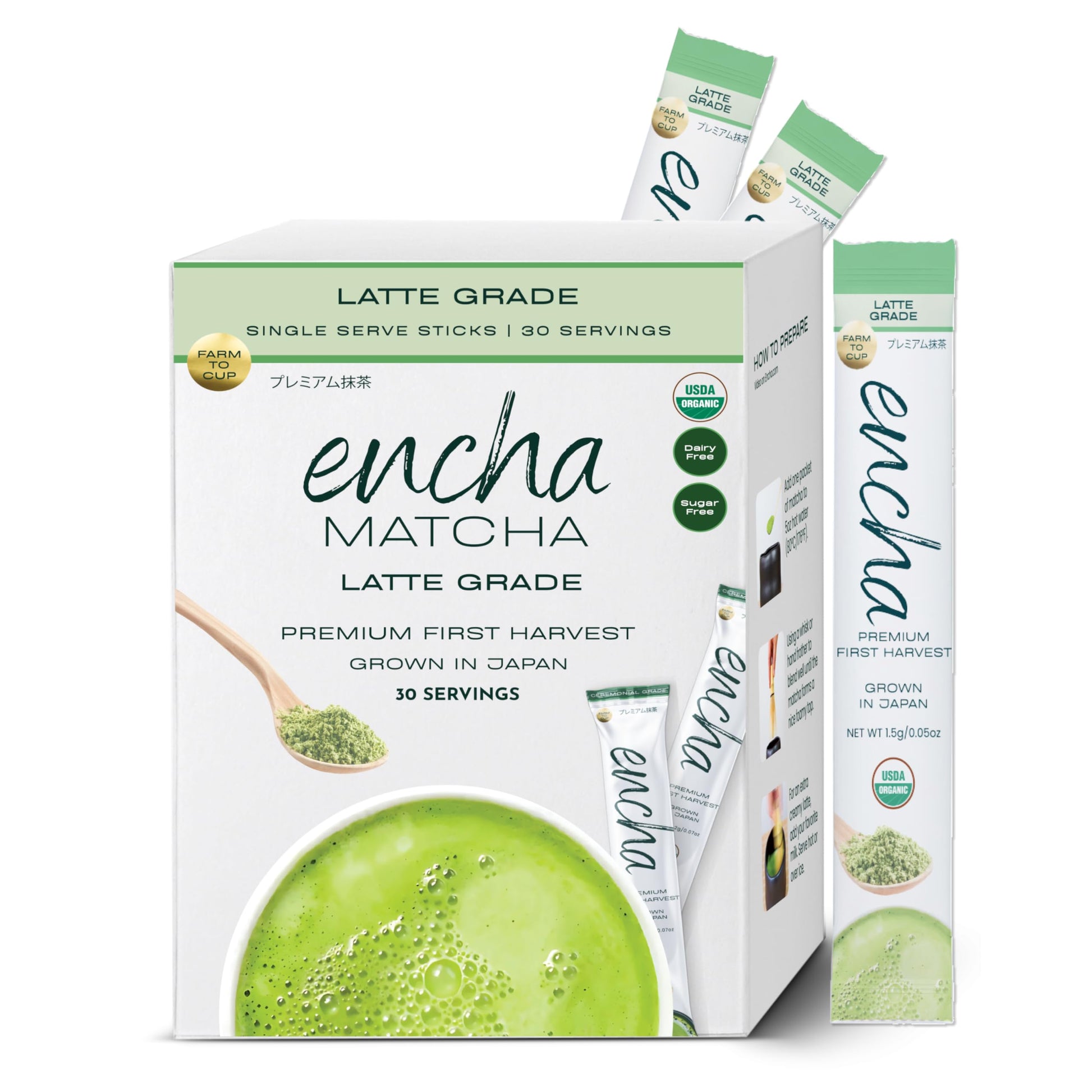 Encha Matcha - Single Serve Latte Grade Green Tea Powder - First Harvest Organic  From Uji  Japan Single Serving Size (30 Servings) Energy Blend  L-Theanine  No Added Sugar