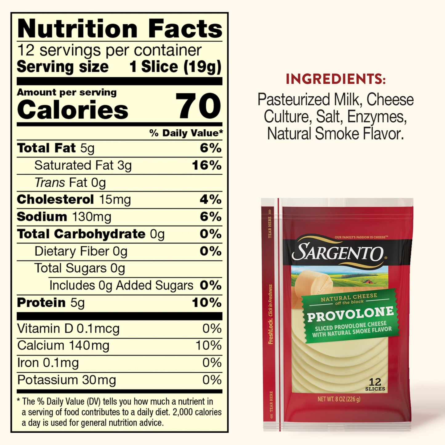 Sargento Natural Provolone with Natural Smoke Flavor Sliced Cheese, 12 Slices