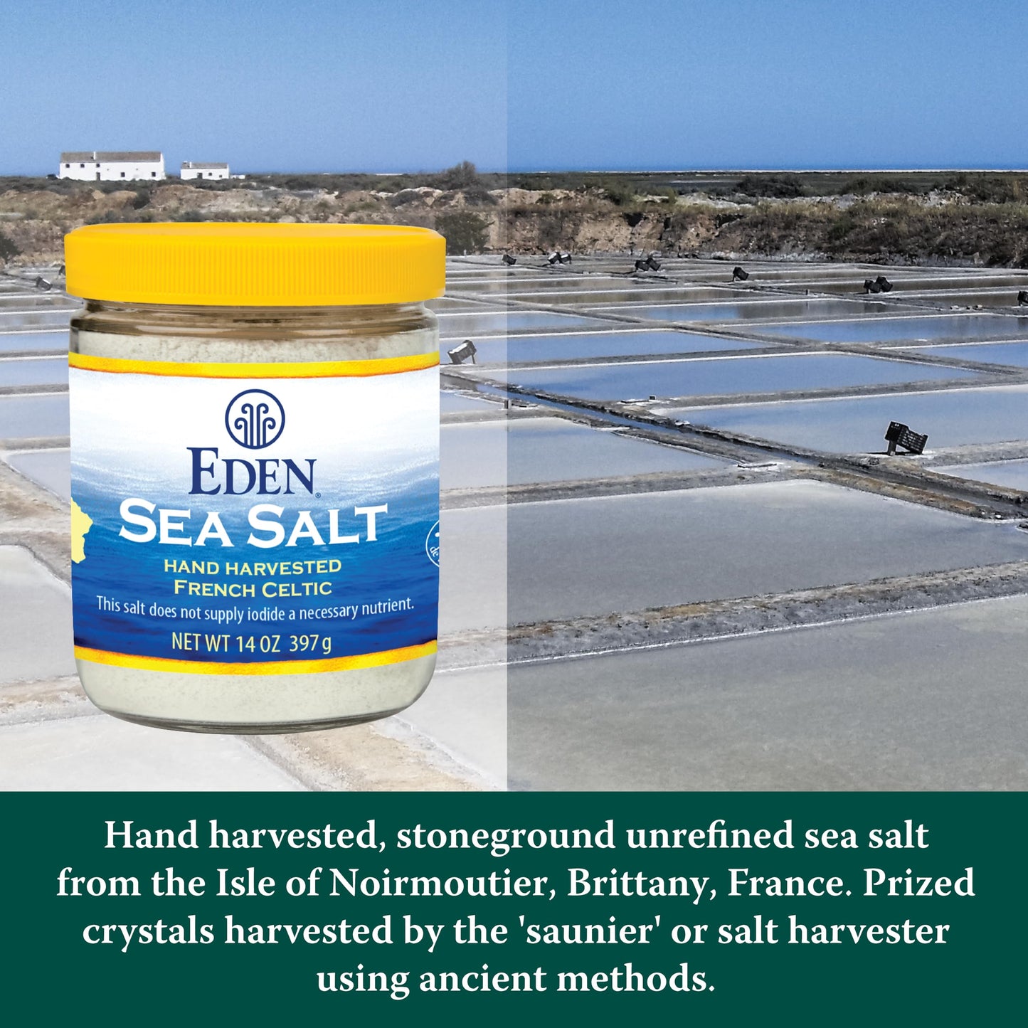 Eden Sea Salt, Hand Harvested French Celtic, Stone Ground (Fine), 82 Trace Minerals, Unrefined, Glass Jar, 14 oz