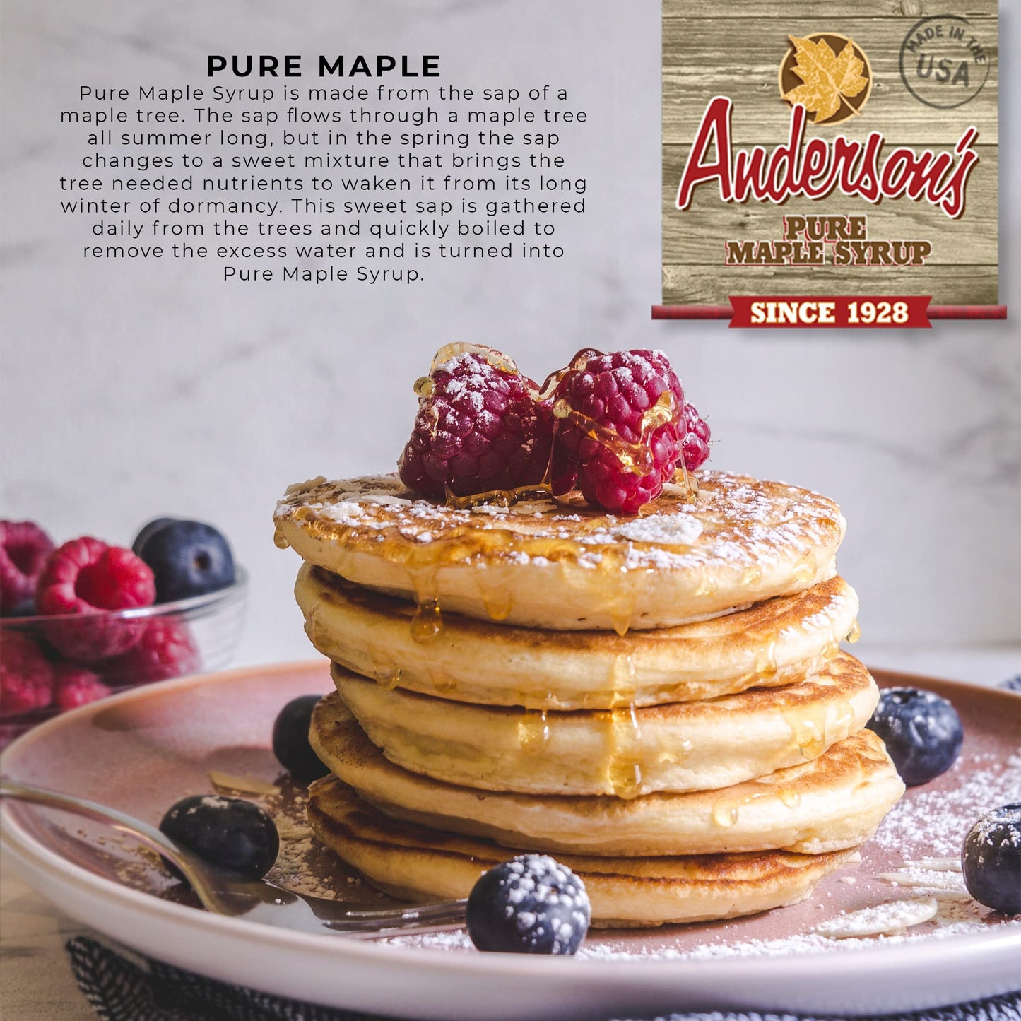 Andersons Dark Pure Maple Syrup, 32 Fl Oz, Plastic Jug, Brown
