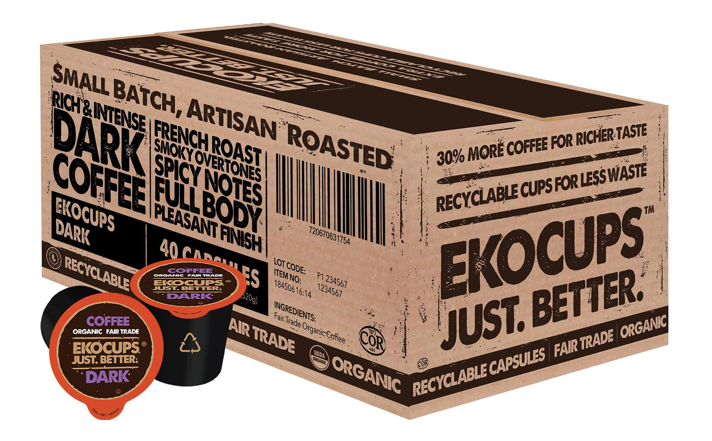 EKOCUPS Organic Dark Roast Coffee Pods - Strong Bold Flavor - 40 Recyclable compact pieces for Keurig K Cups - Model ECDARK40