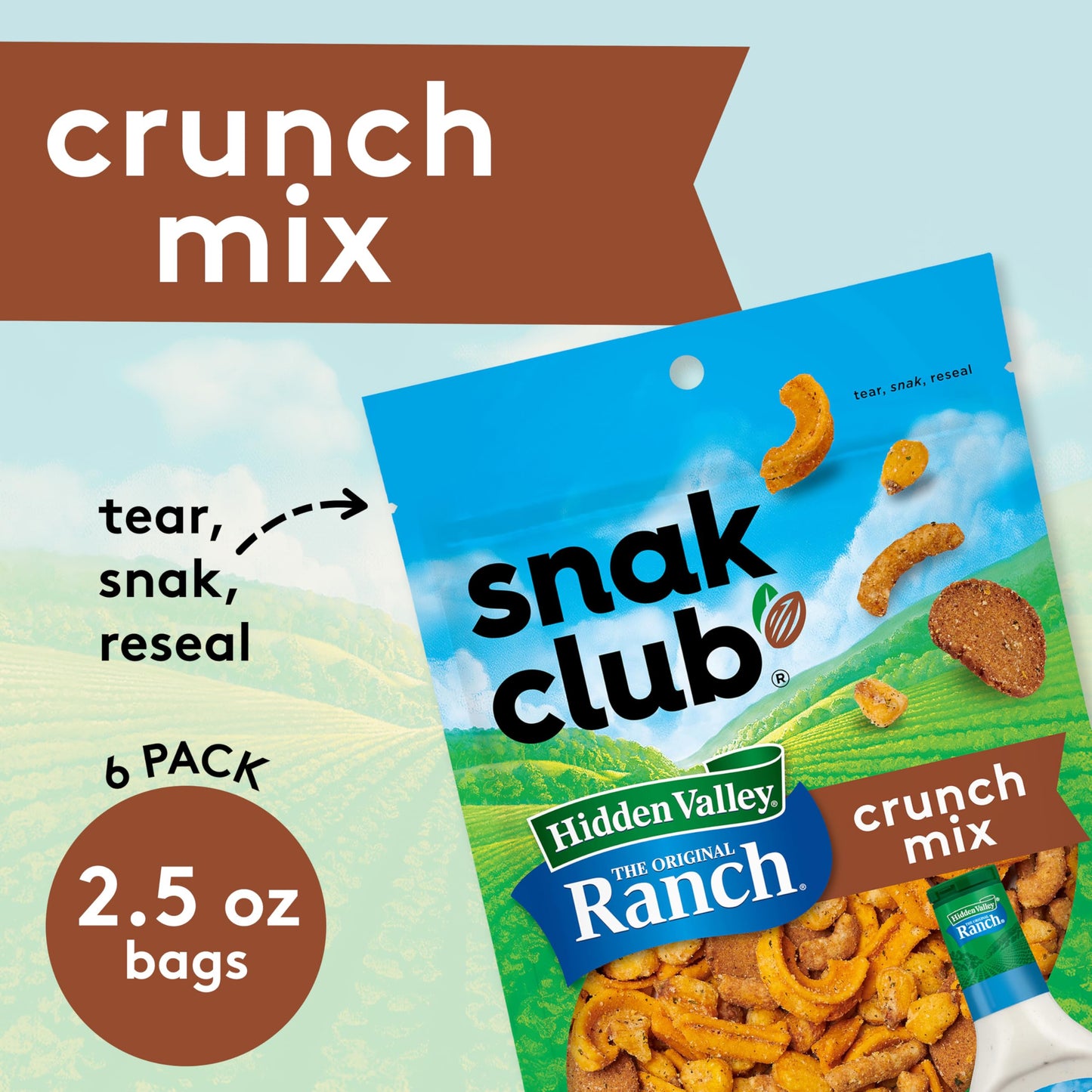 Snak Club Crunch Mix with Hidden Valley Ranch Seasoning, Toasted Corn, Chili Cheese Corn Jacks, Sesame Sticks, and Rye Chips, Ko
