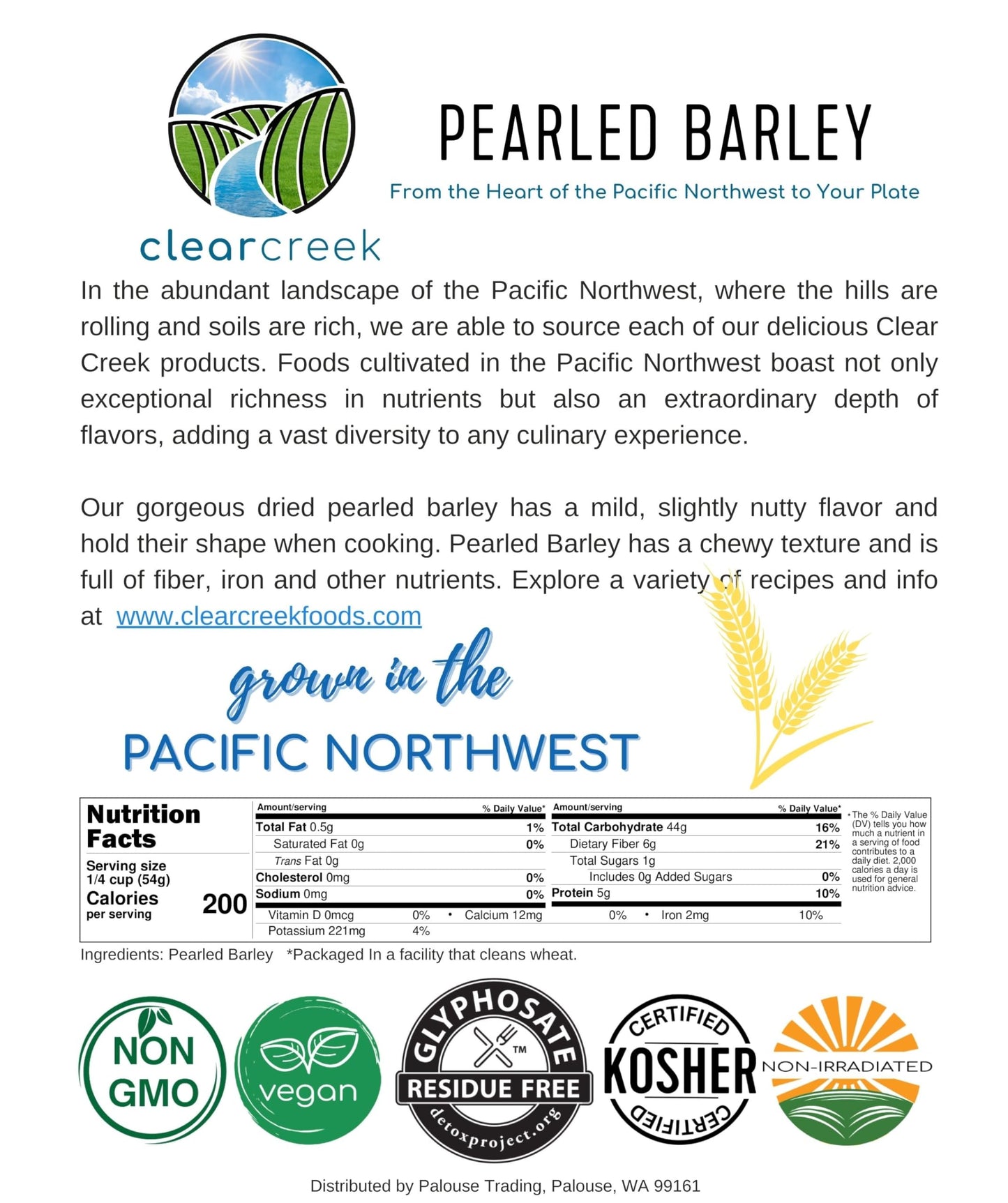 CLEAR CREEK Certified Glyphosate Residue Free Pearl Barley | 36 lb | Non-GMO | Kosher | Vegan | Non-Irradiated