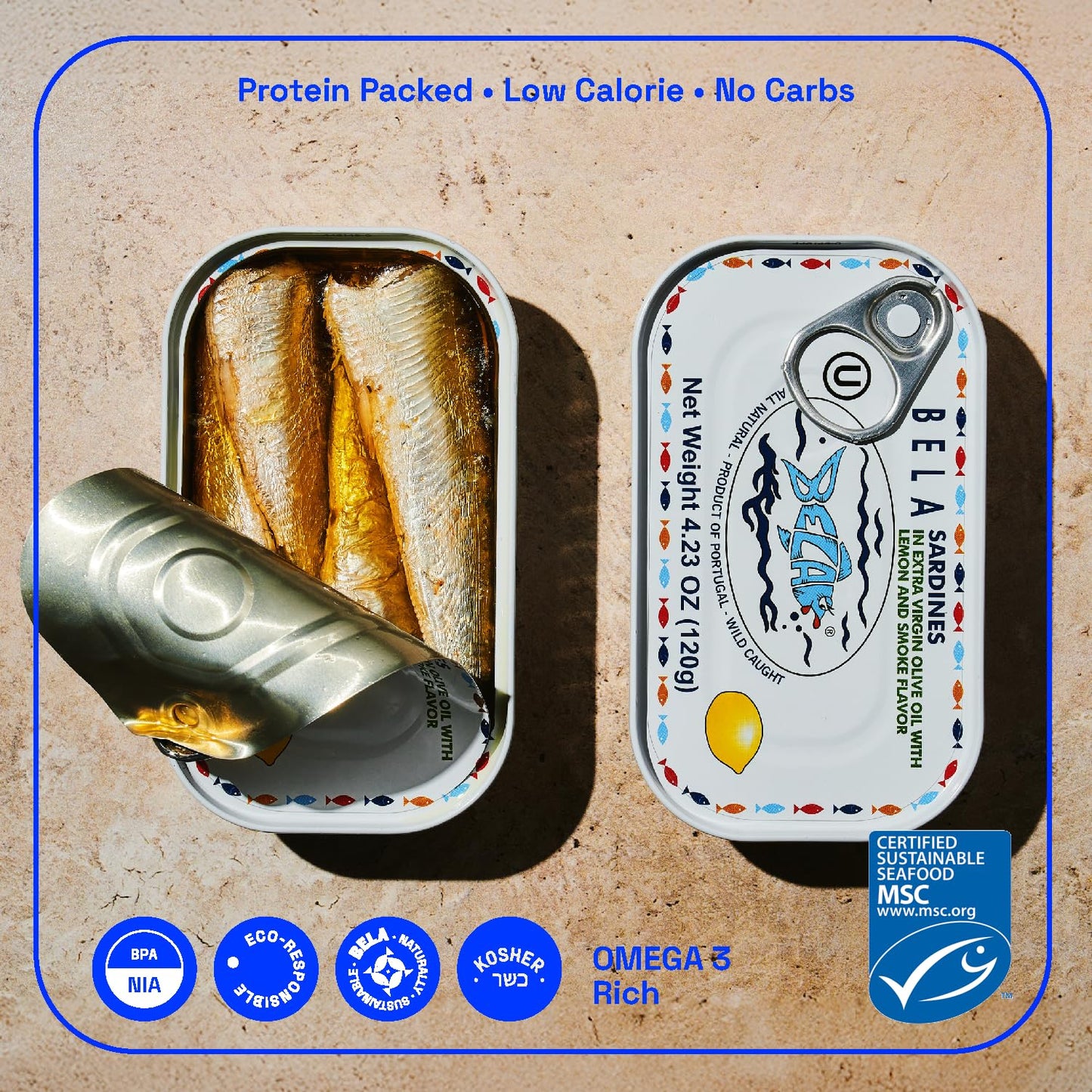BELA Wild Caught Sardines in Organic Lemon Olive Oil, Lightly Smoked, 4.25 Oz, All Natural, High Protein, Omega 3 Rich