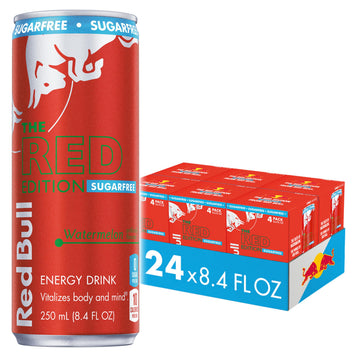 Red Bull Red Edition Sugar Free Energy Drink  Watermelon  with 80mg Caffeine plus Taurine & B Vitamins  8.4 Fl Oz  6 Packs of 4 Cans (Pack of 24)
