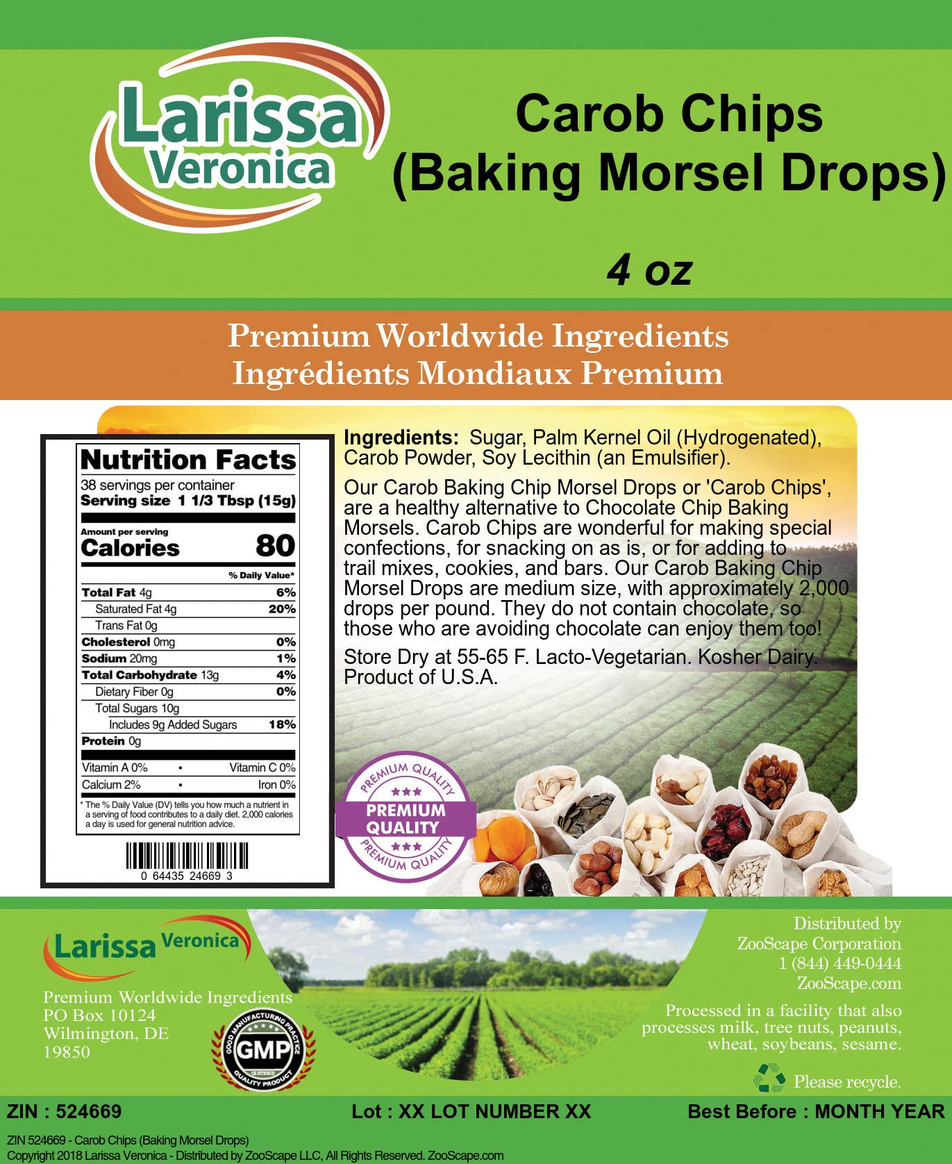 Carob Chips (Baking Morsel Drops) (4 Oz, Zin: 524669) - 3 Pack