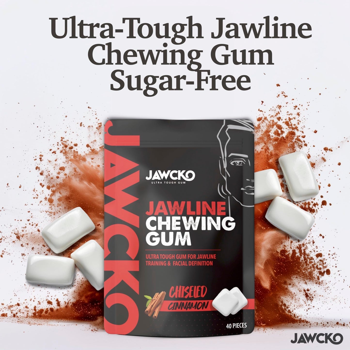 JAWCKO Ultra-Tough Jawline Chewing Gum, Cinnamon Flavor, 40 Pieces/Pack, 15X Strength, Facial Fitness Chewing Gum