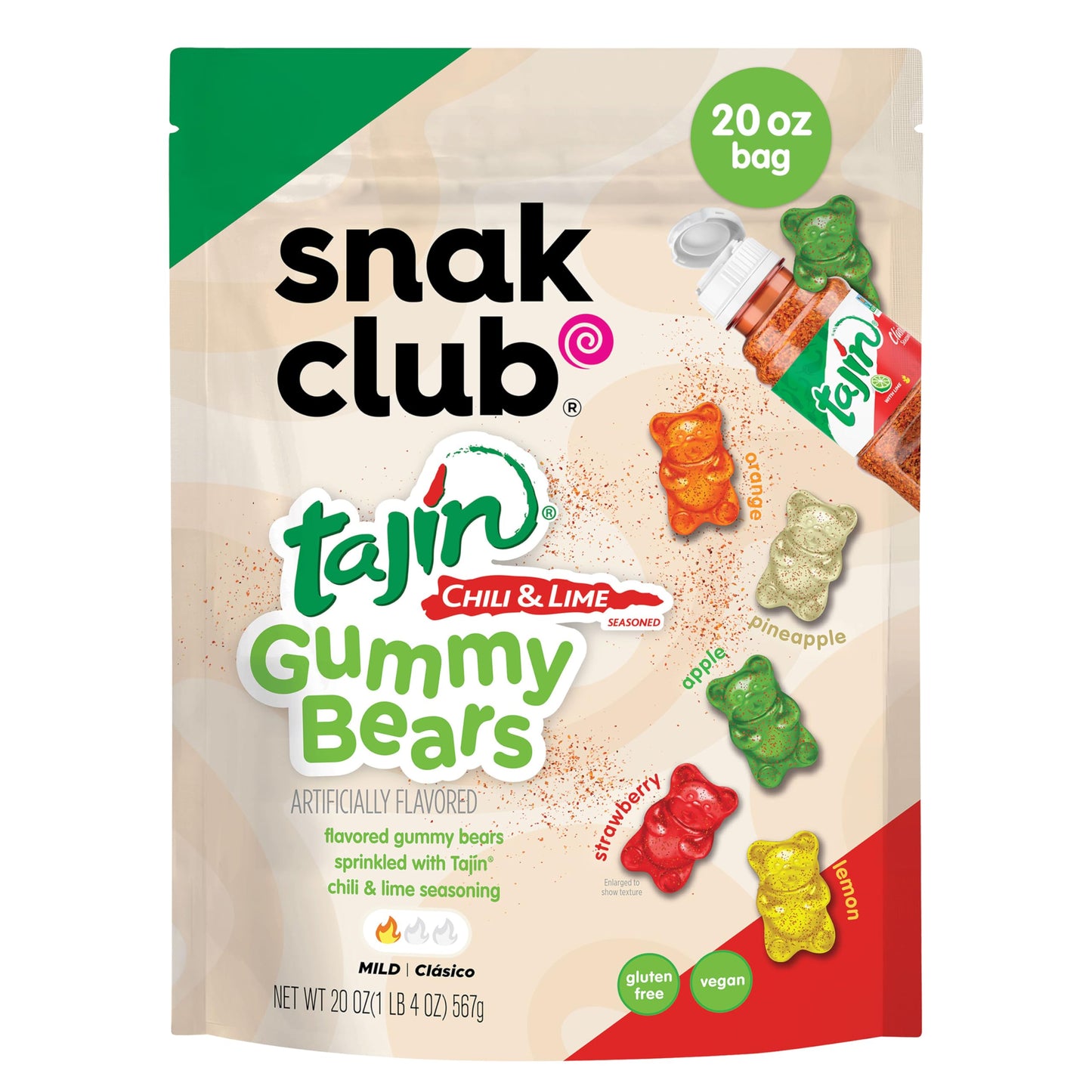 Snak Club Tajin Gummy Bears, Assorted Fruit Candy Gummies with Chili and Lime Seasoning, Mild, Gluten-Free and Vegan Snacks, 20 